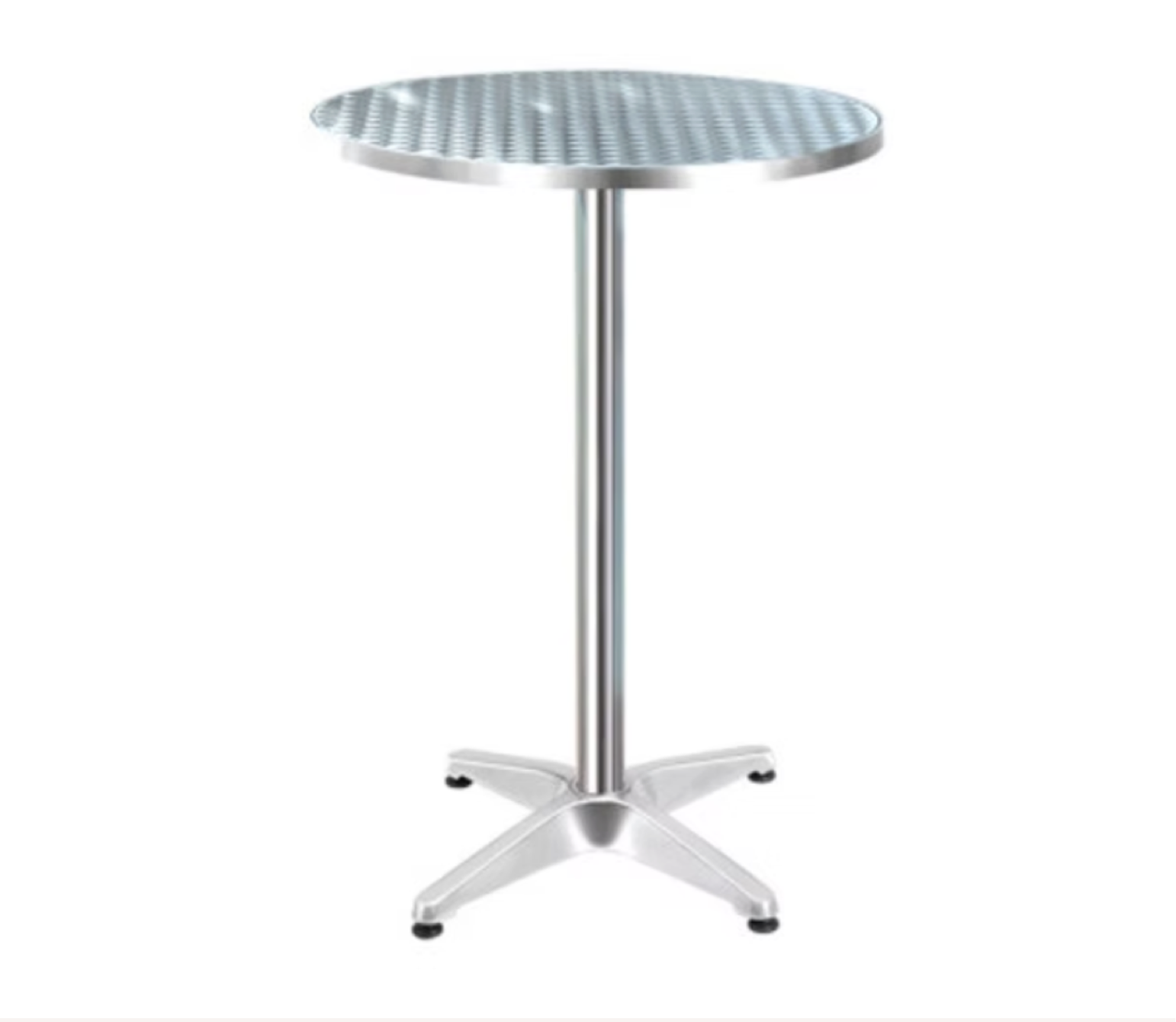 Silver round table with a textured top, supported by a central pole and four curved legs with black rubber feet, set against a white background.