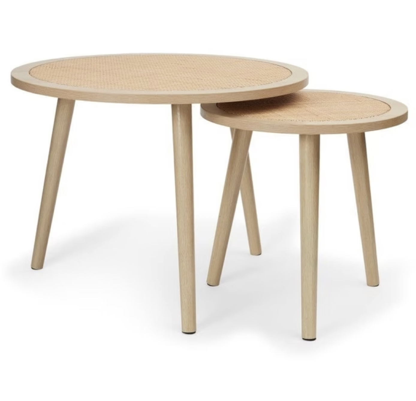 Two light wood nesting tables with round tops, one larger and one smaller, featuring woven cane surfaces, on angled legs.