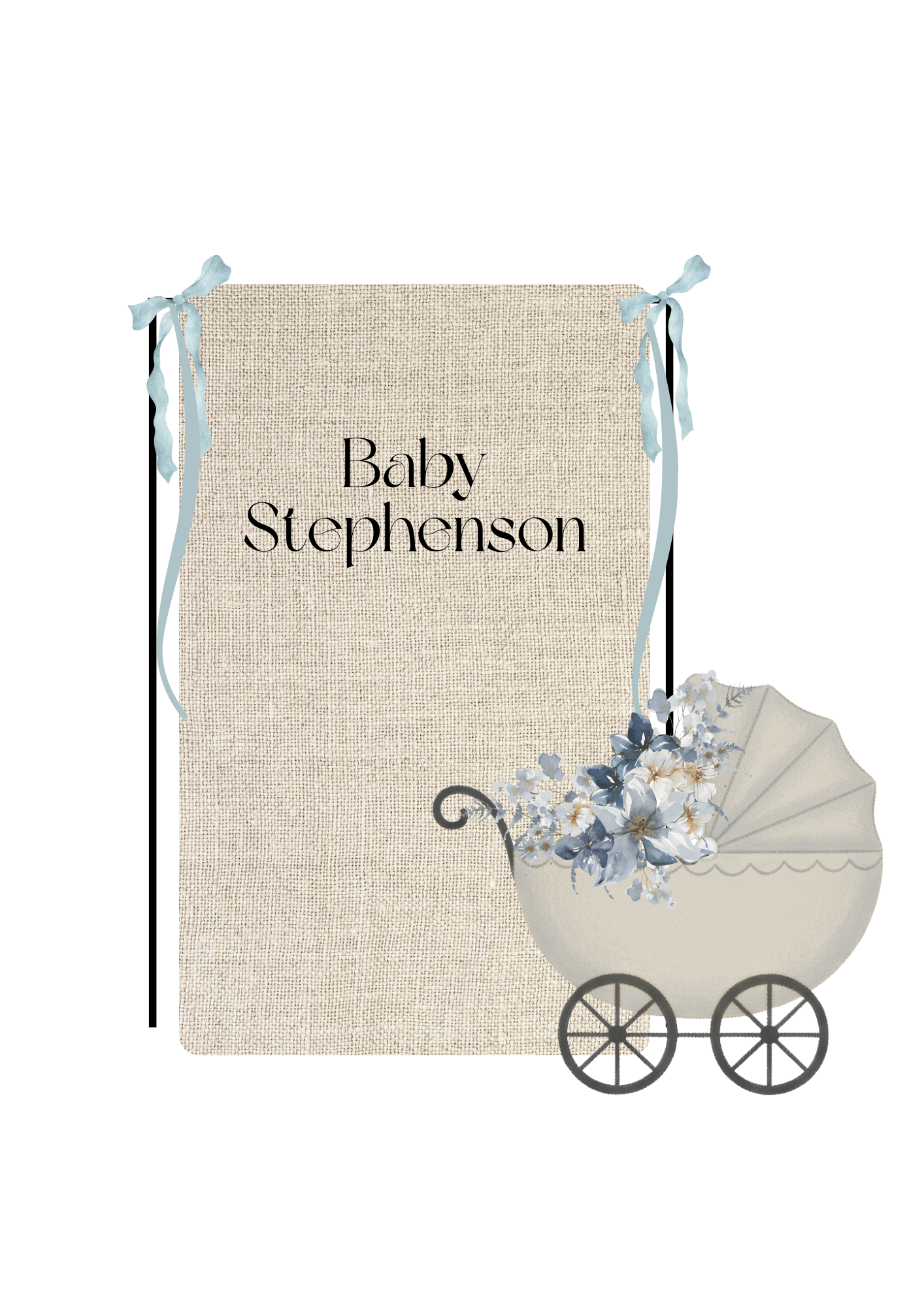 Baby shower backdrop with beige linen sign, blue ribbons, and a vintage stroller filled with white and blue flowers.