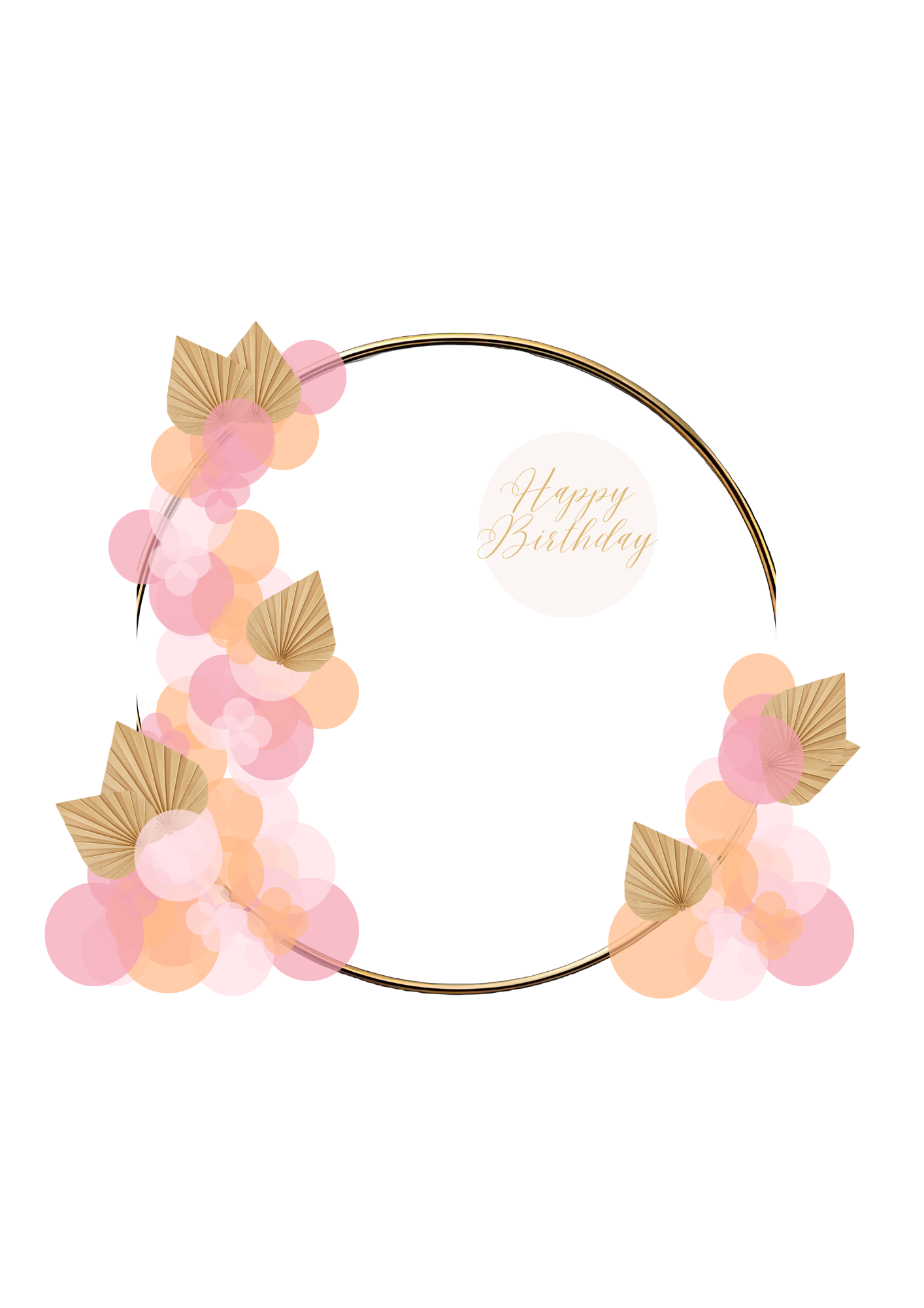 Elegantly designed birthday backdrop with a circular gold frame, soft pink and peach balloons around the edges, beige decorative leaves, and the message "Happy Birthday" in gold script in the center.