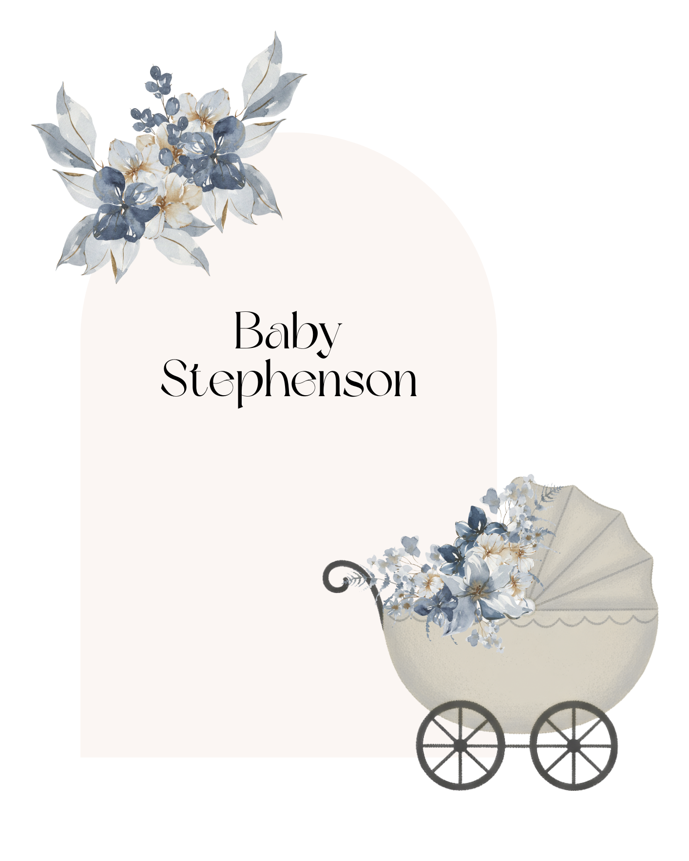 Baby Shower decorative set up with timber arch, custom flower arrangement and a vintage pram.
