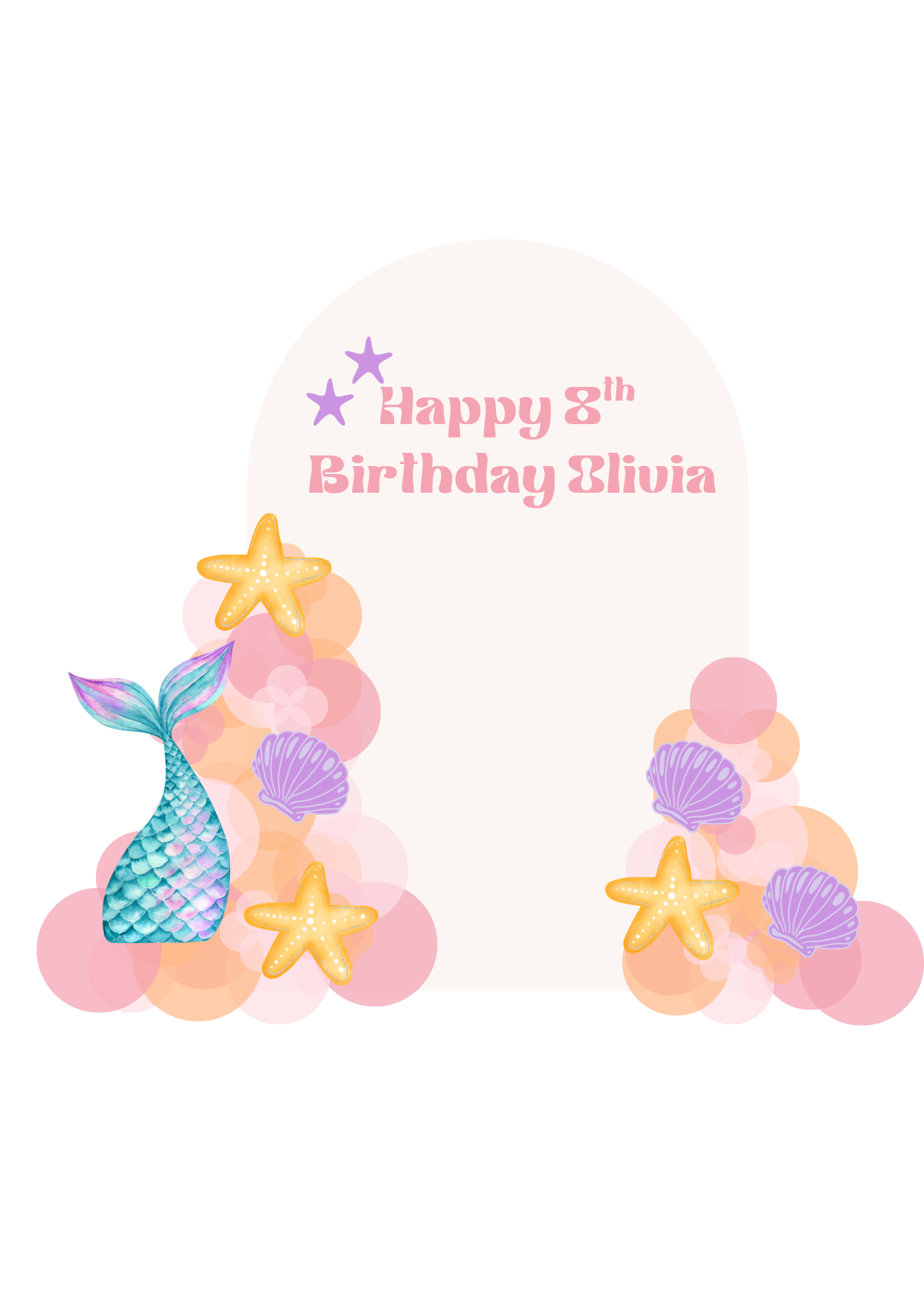 A colorful birthday photo backdrop with a mermaid tail, starfish, and seashells, featuring pink and purple bubbles and the text "Happy 8th Birthday Olivia."