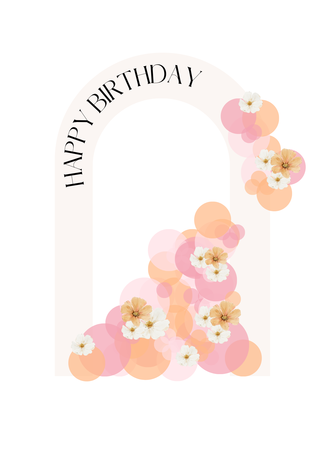 A birthday photo backdrop with the words 'Happy Birthday' written on an arch above a floral design of pastel-colored balloons and white flowers.