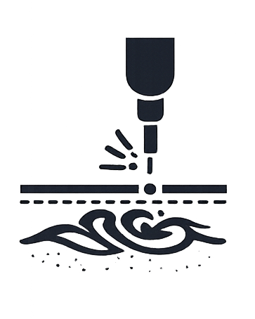 A stylized graphic of a metal machine or forklift with a blade in front, set against a black background with red accents.