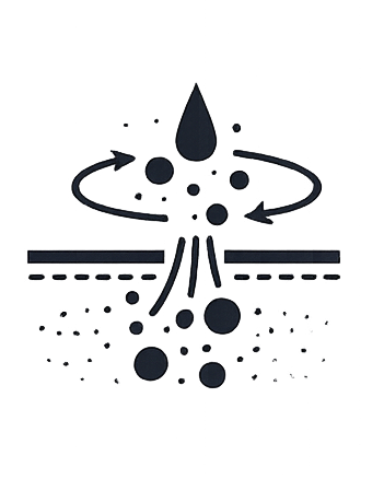 Diagram showing the process of water molecules traveling through a filter system, with arrows indicating the flow direction and separation of larger particles from smaller molecules.