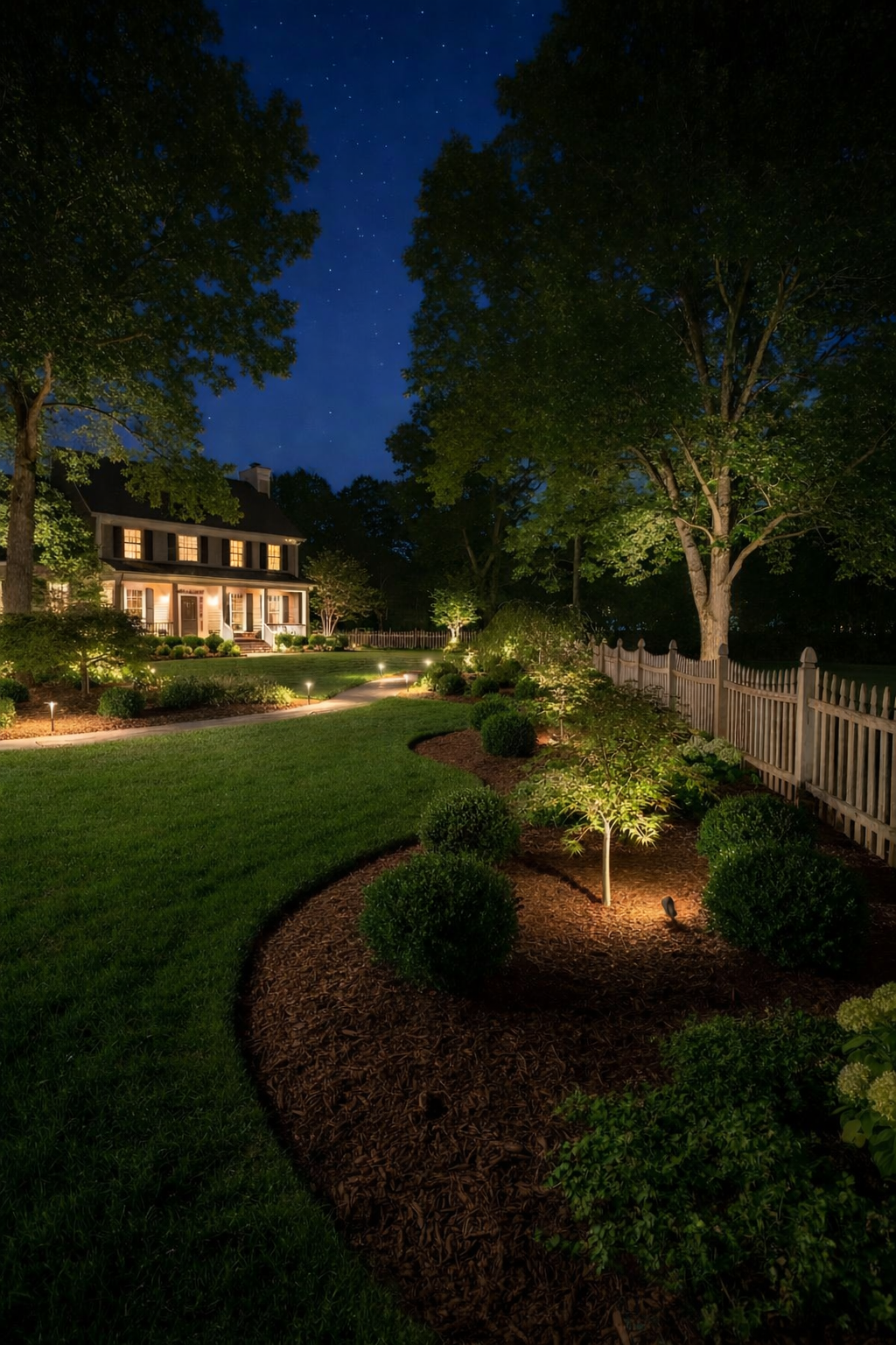 Night view of a well-lit house with a porch, surrounded by a manicured yard with pathways, shrubs, trees, and a white fence, under a starry sky.