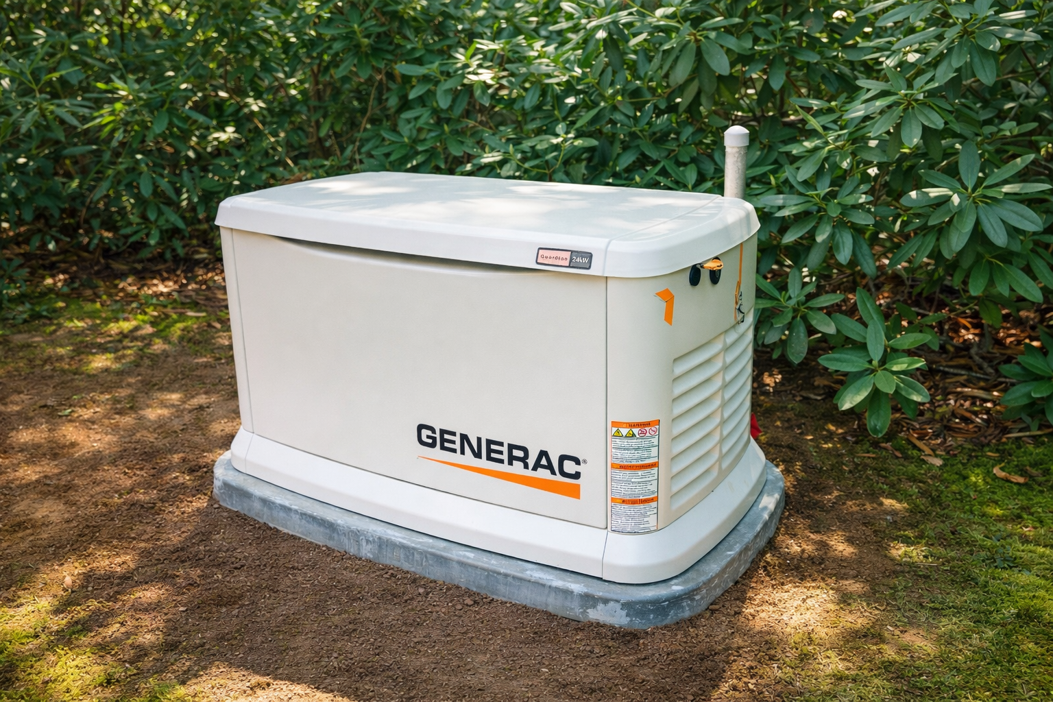 A Generac portable generator placed outdoors on uneven ground near green bushes.