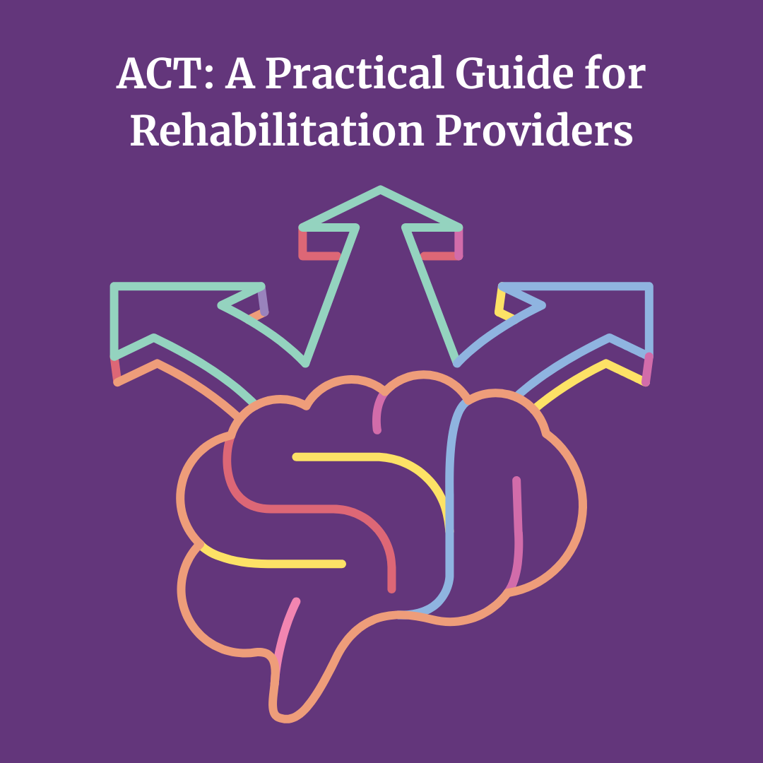 Cover image for a guide titled 'ACT: A Practical Guide for Rehabilitation Providers', featuring a colorful neon outline of a brain with three arrows pointing outward, set against a purple background.