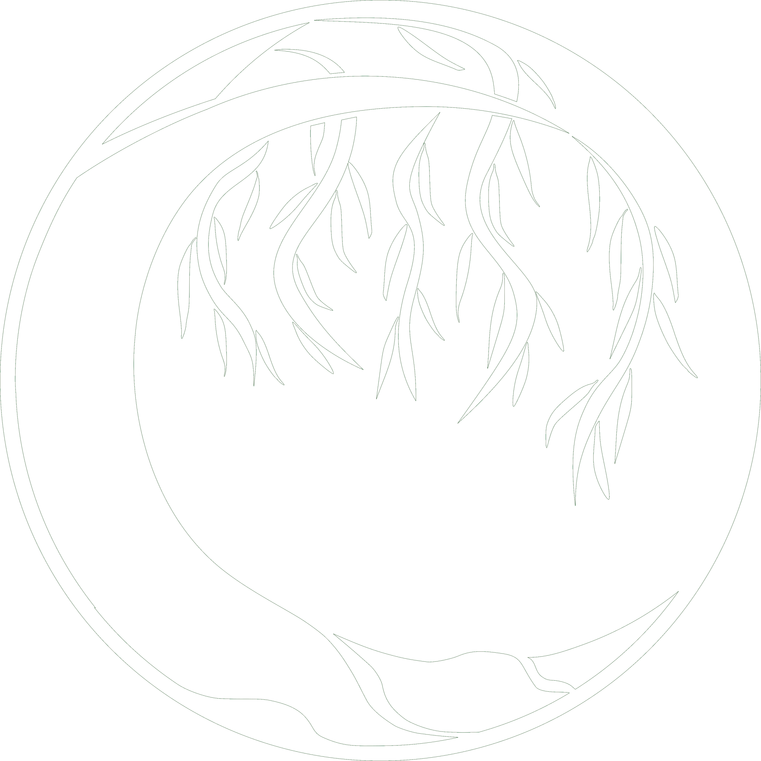 Black and white illustration of a weeping willow tree with long, drooping branches inside a circular border.