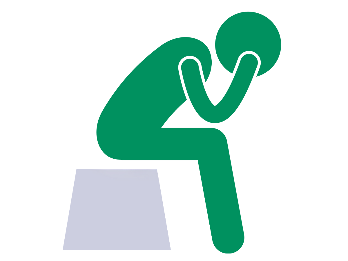 Simplified illustration of a person in green sitting on a gray block with their head resting in their hands, appearing to be in a state of distress or contemplation for Lara Desrosiers' Pelvic Resilience for occupational therapy continuing education