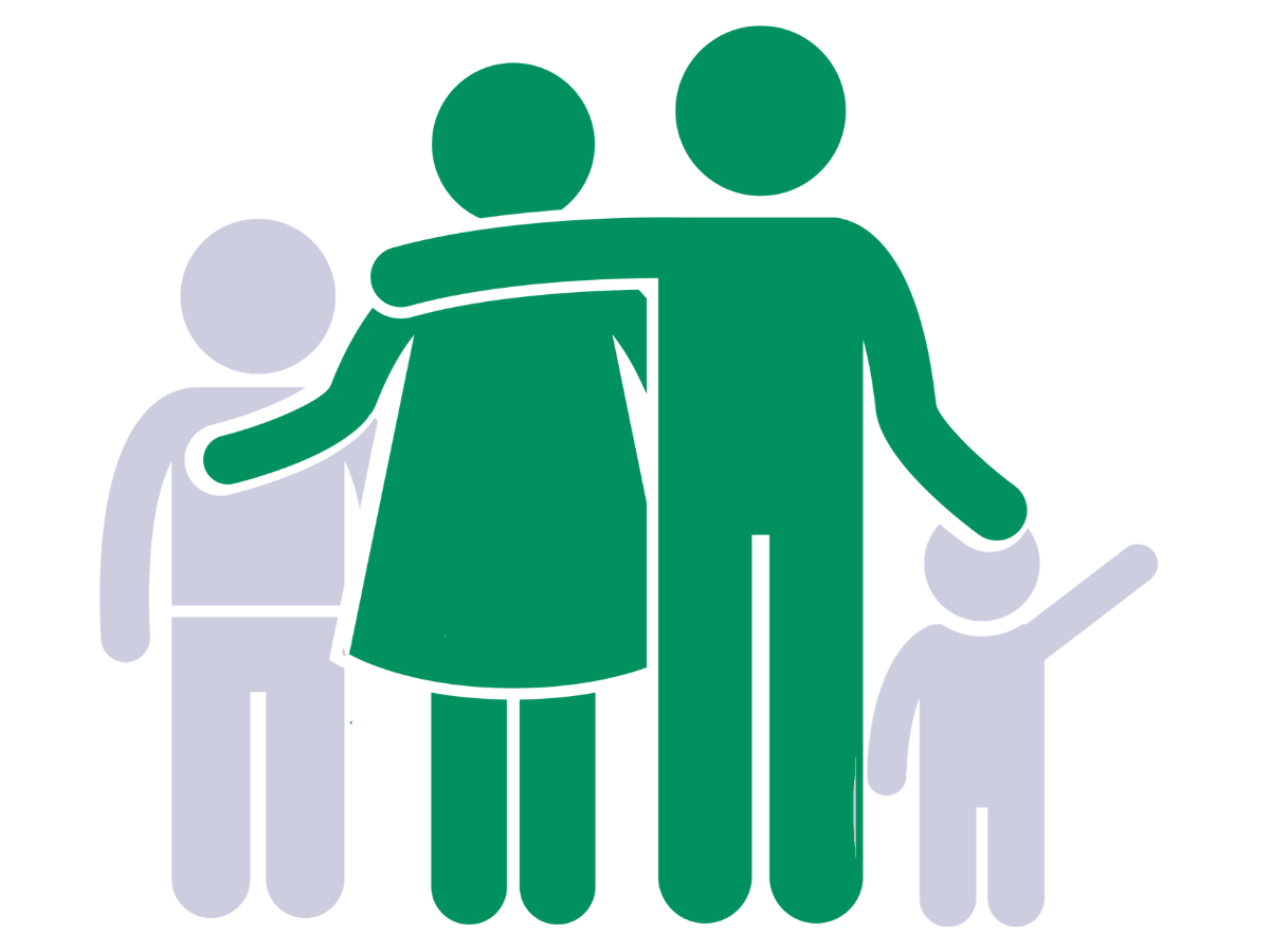 Simple illustration of a family with two children, one older and one younger, embraces each other. The adults are green, and the children are gray for Lara Desrosiers' Pelvic Resilience for occupational therapy continuing education and mentorship.