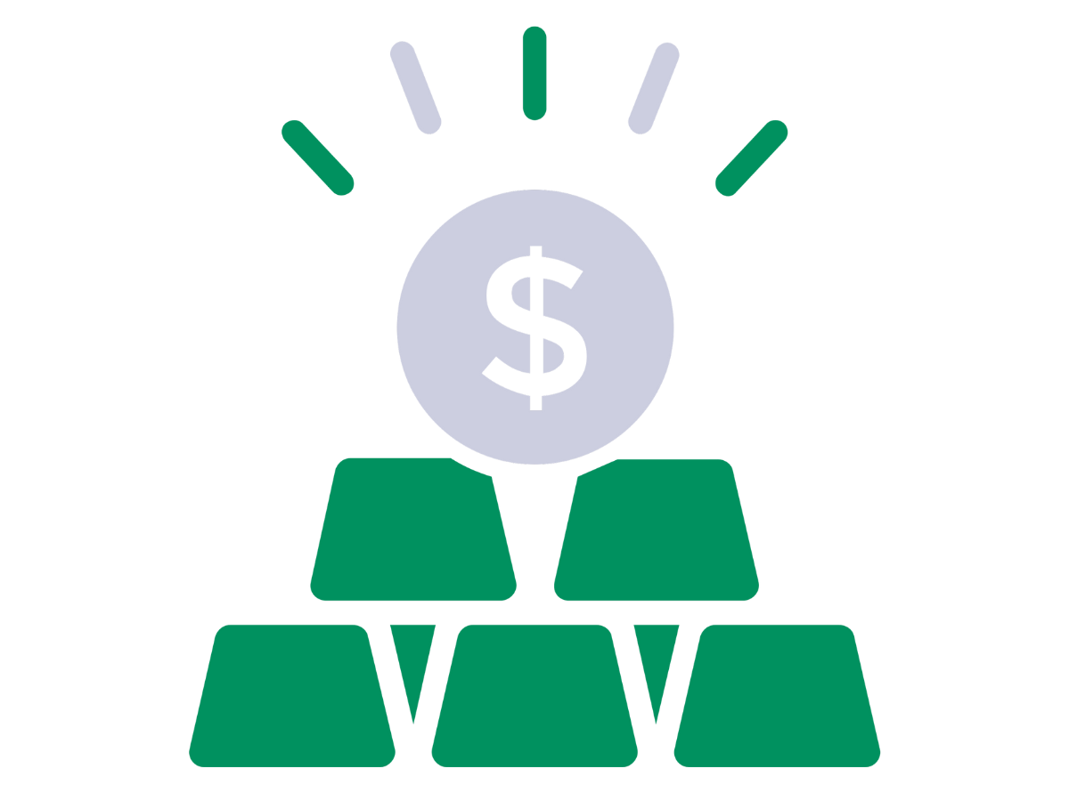 Stacked green bars with a dollar sign coin and motion lines above, representing financial growth or profit for Lara Desrosiers' Pelvic Resilience for occupational therapy continuing education and mentorship.