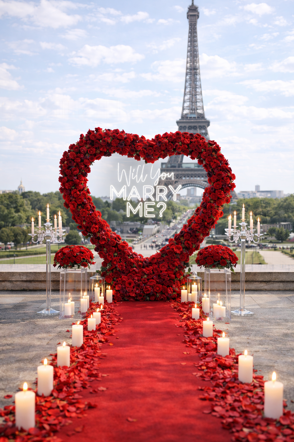 Une demande en mariage romantique sur un fond de Tour Eiffel à Paris, avec un cœur de roses rouges, un tapis rouge, des bougies, et un panneau lumineux demandant si la personne veut se marier.