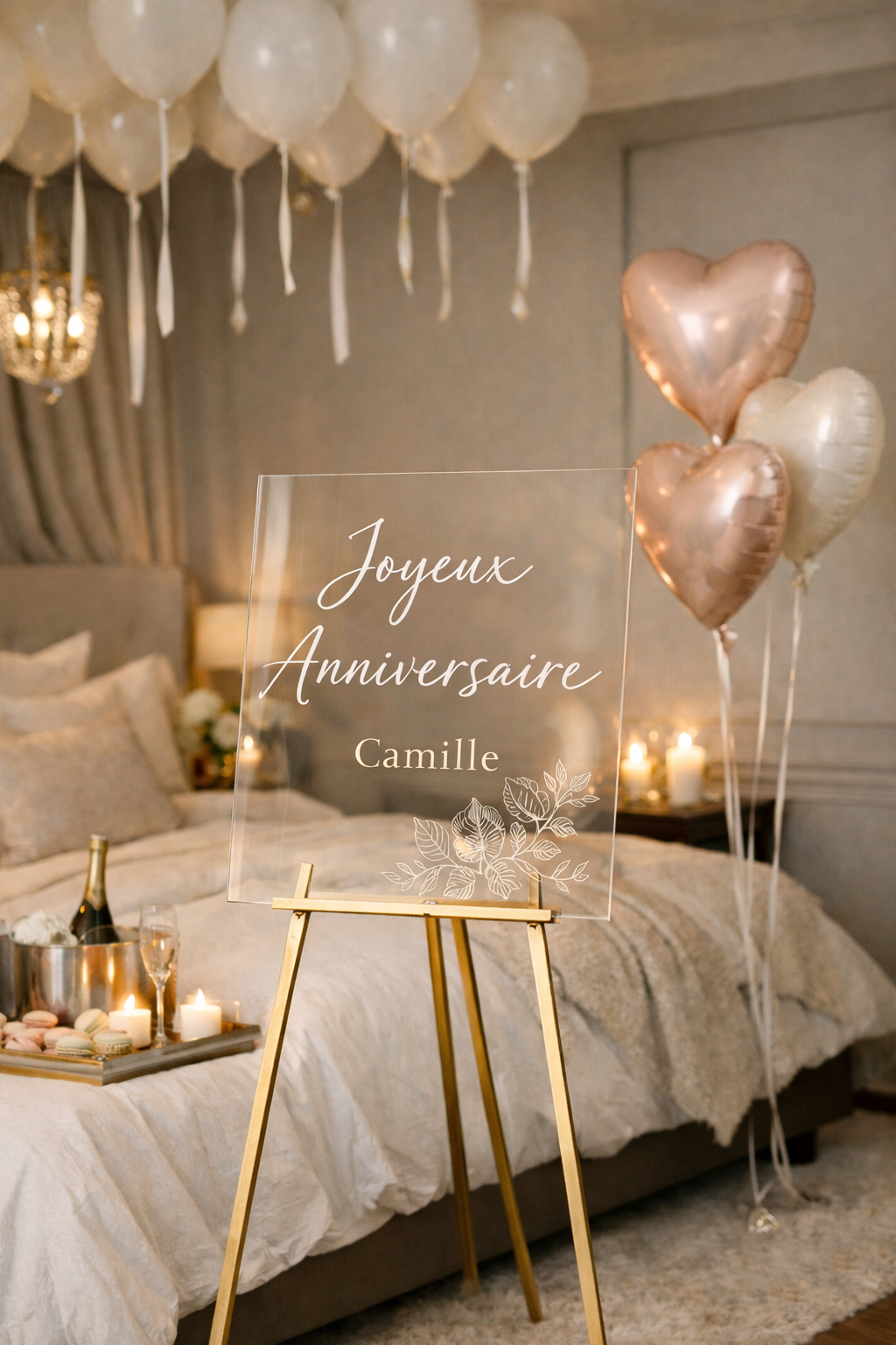 Une décoration de fête d'anniversaire dans une chambre avec un lit, des ballons en forme de cœurs et ronds, des bougies, des macarons, une bouteille de champagne, et un tableau transparent avec le message 'Joyeux Anniversaire Camille' en lettres curs