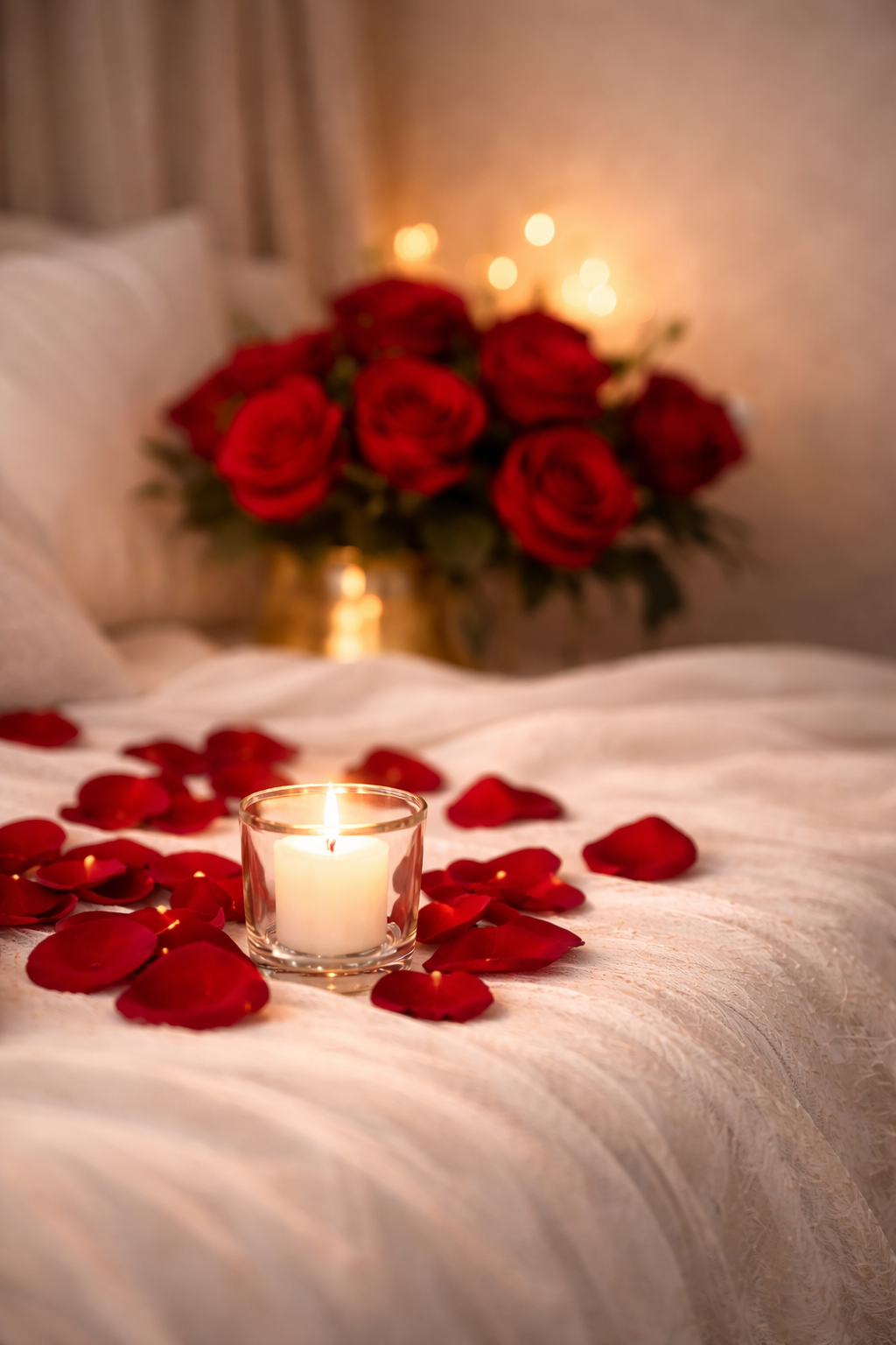 Bougie allumée entourée de pétales de roses rouges sur une surface blanche, avec un bouquet de roses rouges flou en arrière-plan et des lumières douces