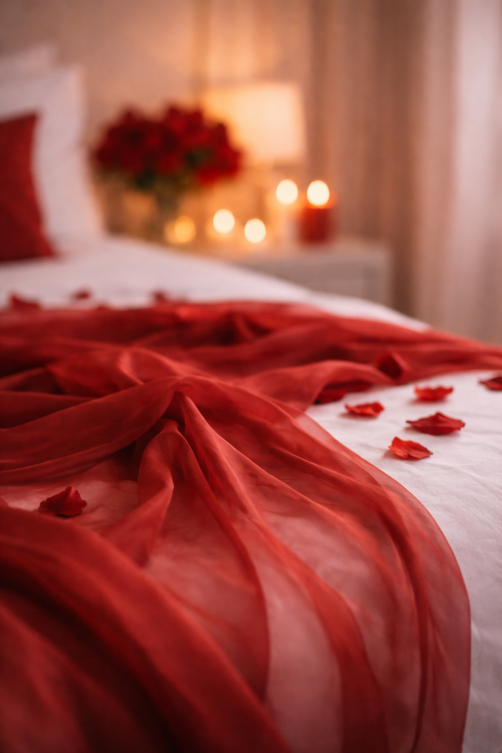 Un lit décoré avec des pétales rouges, une robe de bain rouge, et une ambiance romantique avec des bougies et des fleurs en arrière-plan. Pour une surprise romantique ou un anniversaire