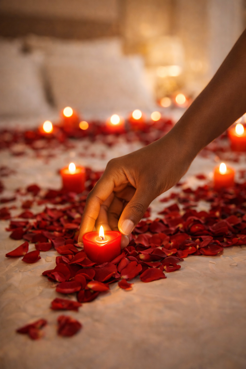 Une main dépose une bougie rouge allumée sur un sol recouvert de pétales de rose rouges, avec plusieurs autres bougies allumées en arrière-plan.