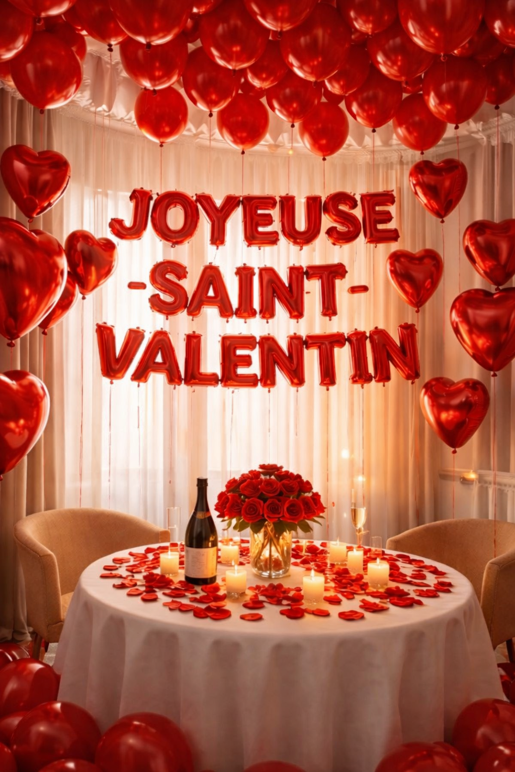 Décor de Saint-Valentin avec ballons rouges en forme de cœur, fleurs de roses rouges au centre de la table, bougies et bouteille de champagne, avec un message "Joyeuse Saint-Valentin" en ballons rouges suspendus.