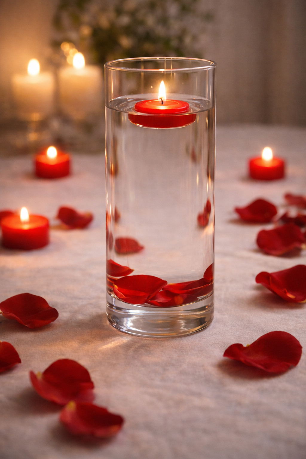 Bougie flottante rouge dans un verre d'eau sur une table avec des pétales de rose et des bougies allumées our un anniversaire surprise