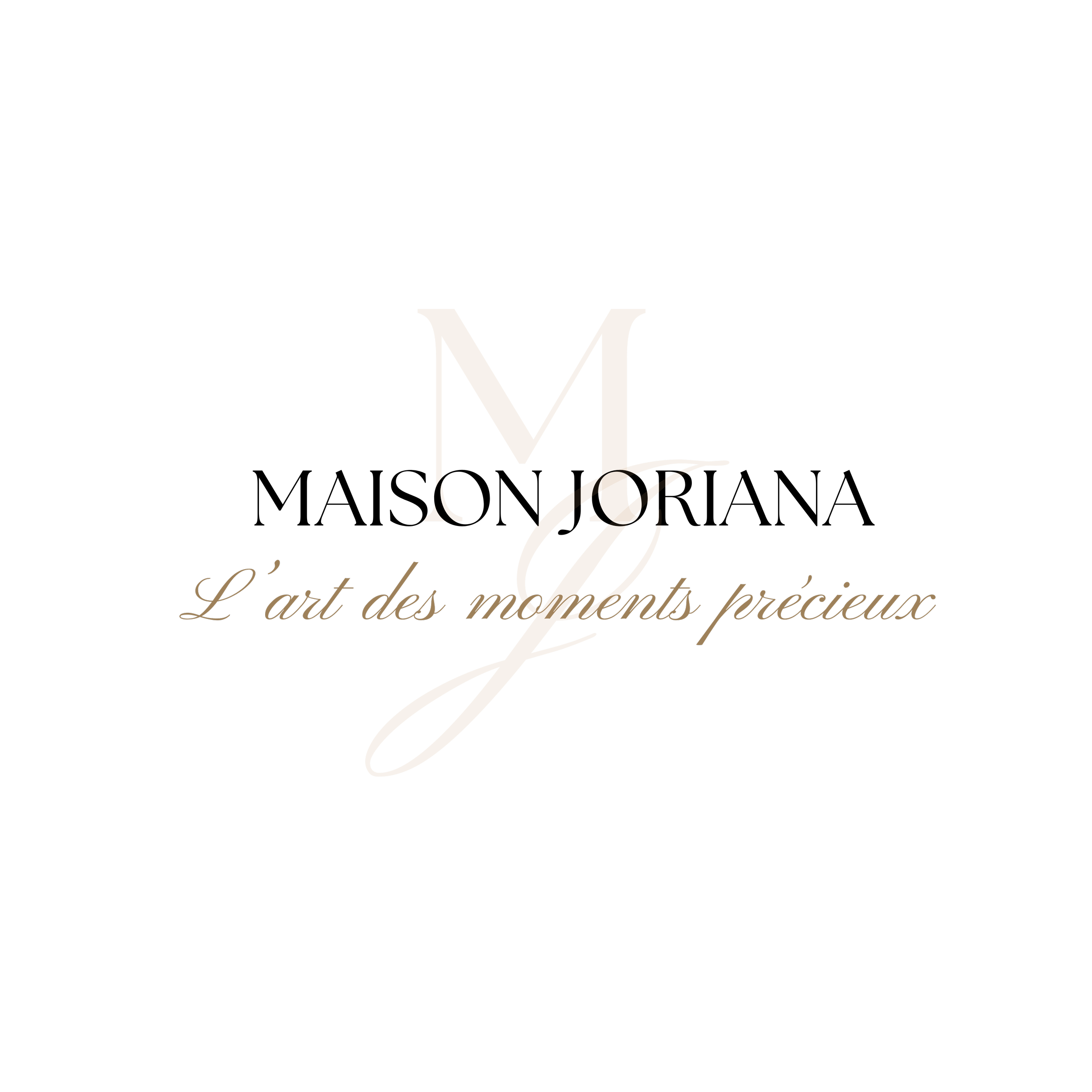 Logo avec la lettre M et G en or, accompagnée du texte "L'art des moments précieux" en cursif, sur fond noir.