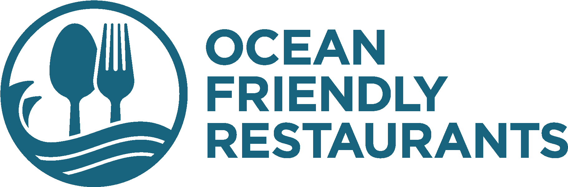 Logo avec une icône représentant une cuillère, une fourchette et une assiette dans un cercle, accompagnée du texte "Ocean Friendly Restaurants".