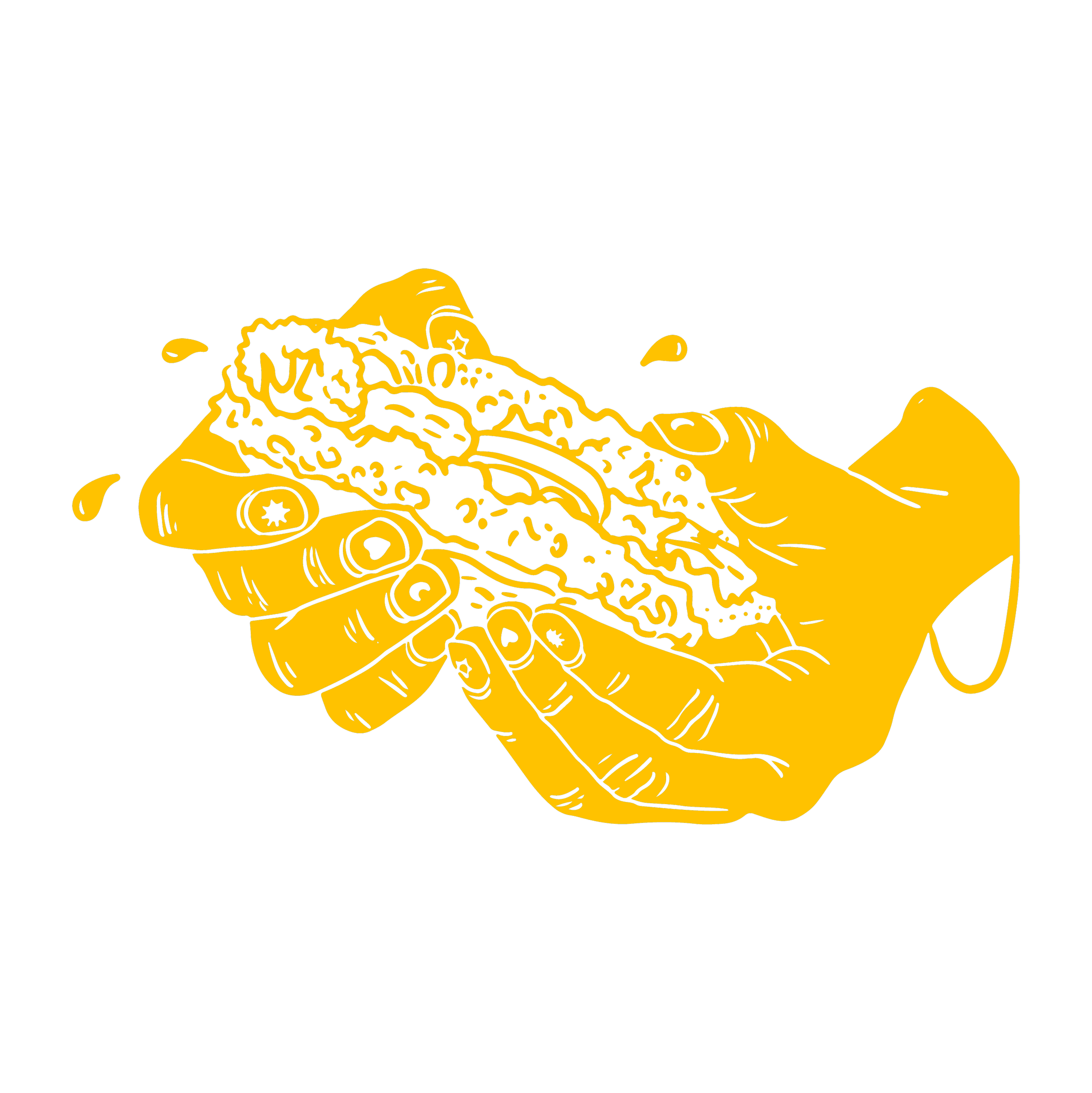 Illustration de deux mains tenant un tacos avec de la viande, des légumes, et des sauces, stylisée en noir et jaune.