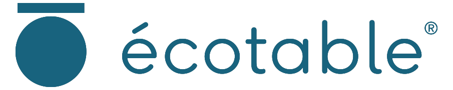 Logo d'écotable avec un symbole circulaire et le nom en texte bleu.
