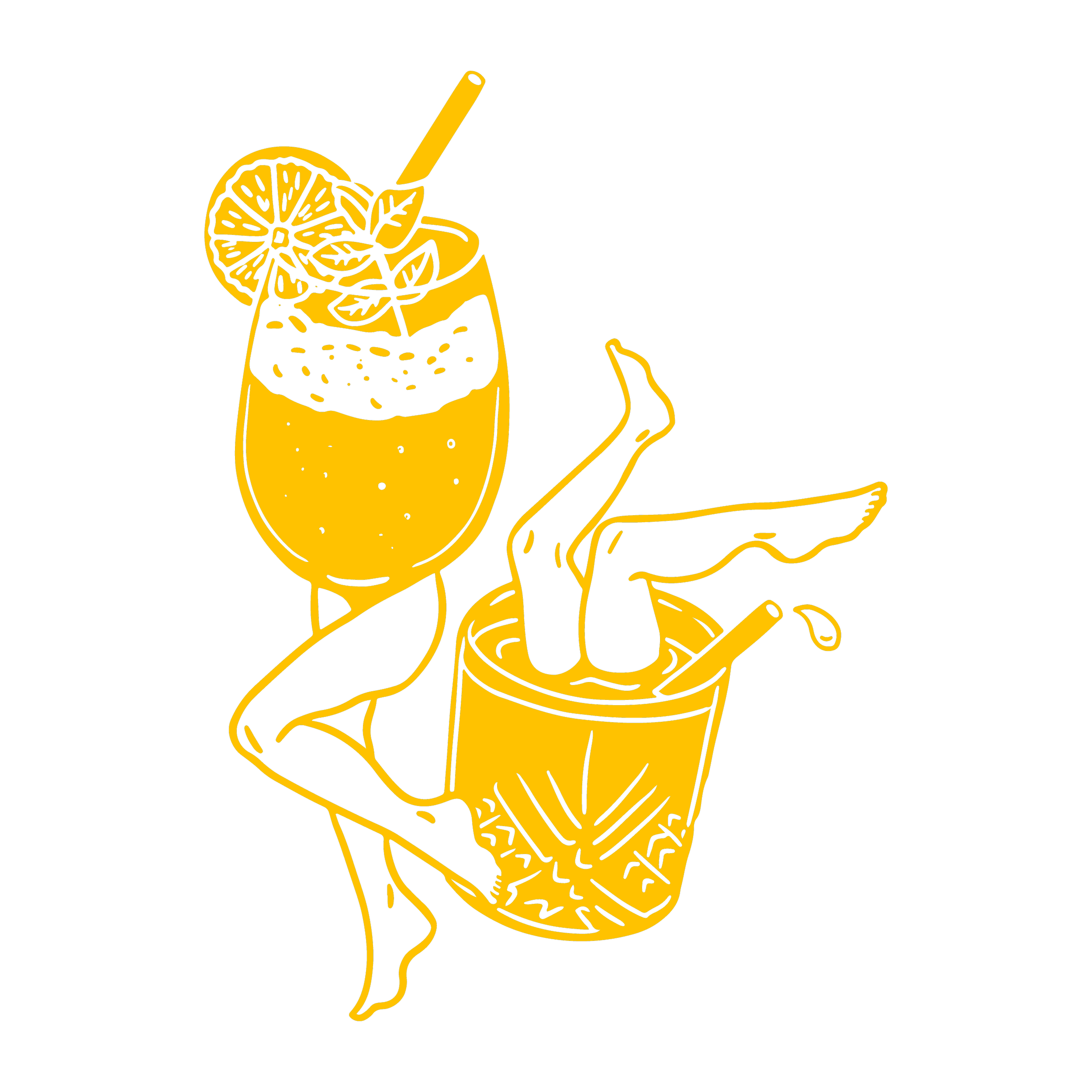 Illustration d'un cocktail jaune avec des garnitures d'agrumes, et une personne portant un verre à cocktail. La couleur principale est jaune sur fond noir.