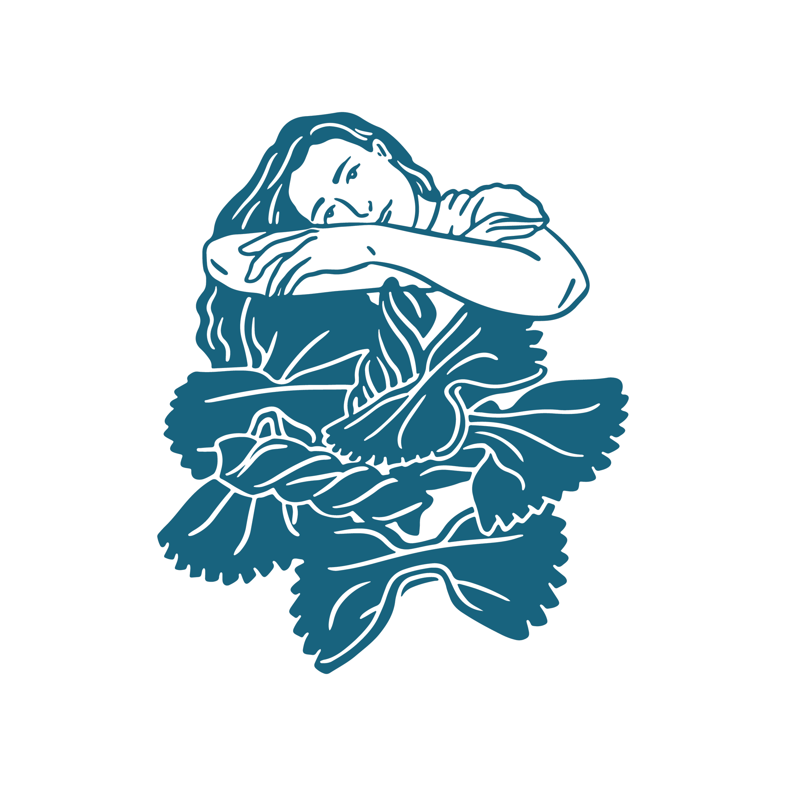 Illustration d'une femme en train de pleurer, assise, entourée de grandes feuilles.