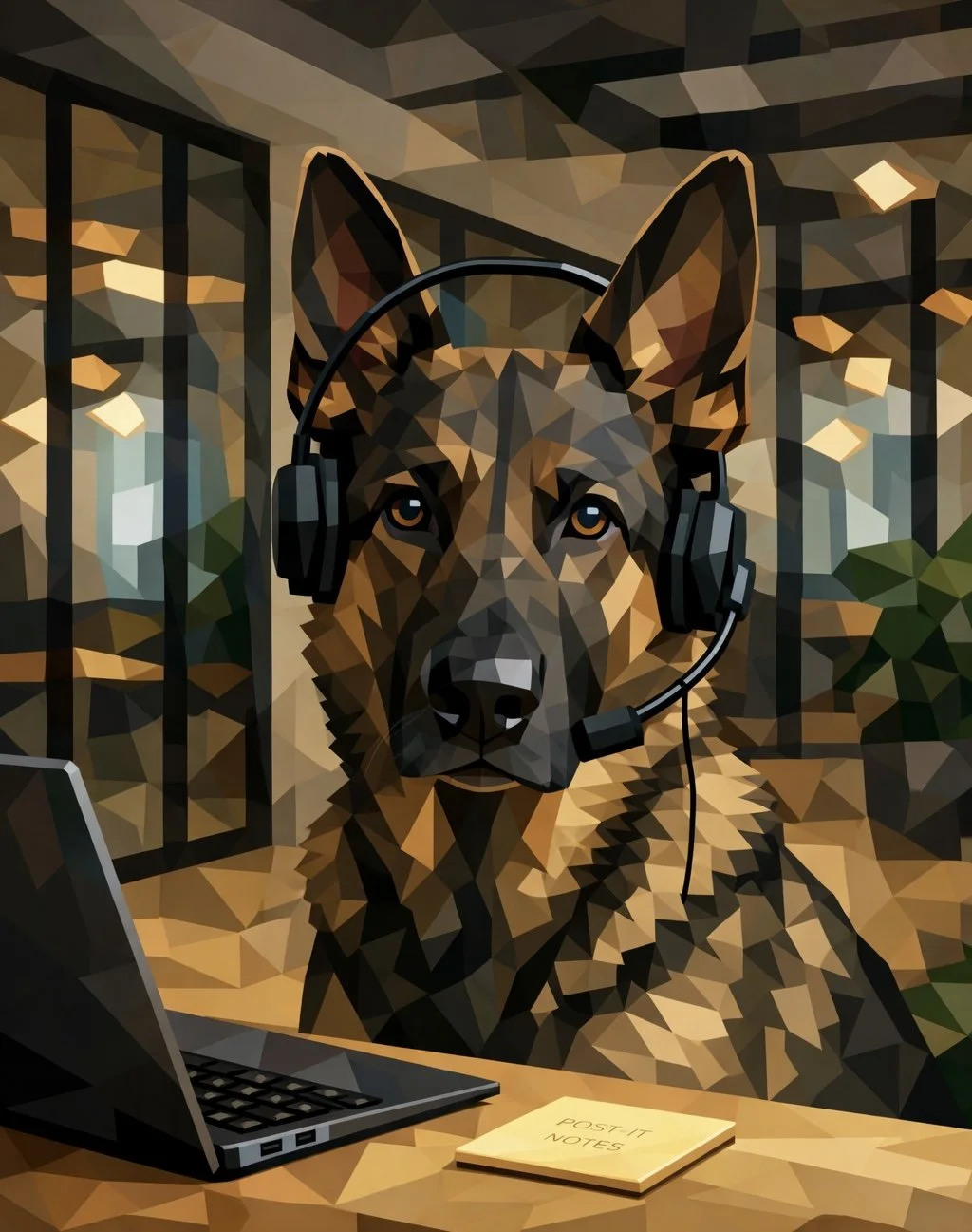 A low-poly style illustration of a German shepherd wearing a headset, sitting in front of a laptop with a yellow sticky note that says 'Post-it Notes'. Behind the dog, there are metal bars and a window.