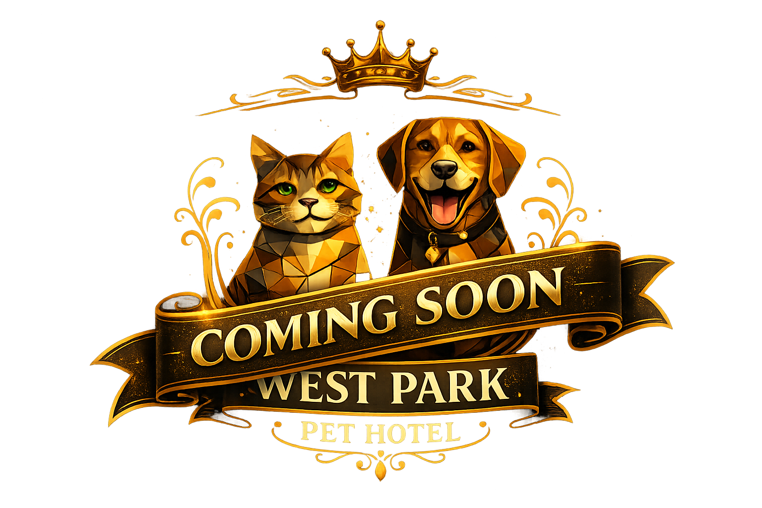 A promotional graphic for the West Park Pet Hotel featuring a stylized, polygonal cat with green eyes and a smiling, realistic dog. The graphic has a golden background with a crown at the top and ornate decorative elements. A banner across the image reads "Coming Soon" with the text "West Park Pet Hotel" underneath.