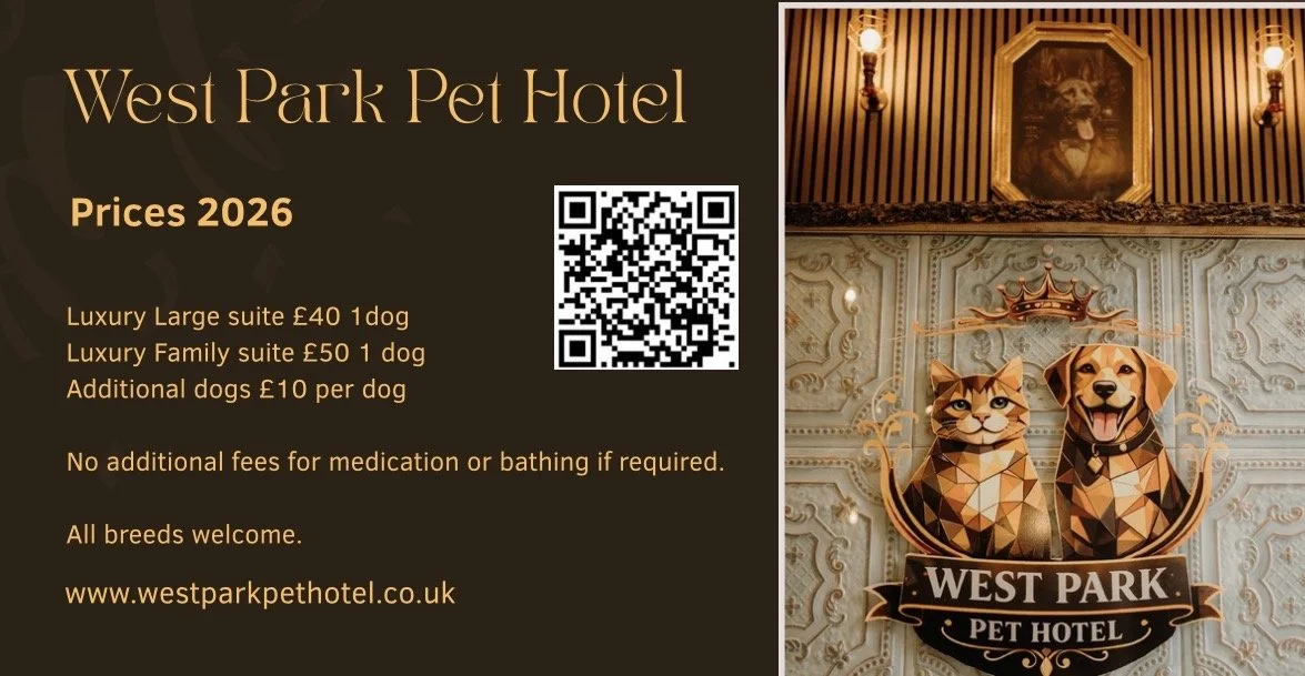 Sign for West Park Pet Hotel with prices for 2026, a QR code, and a logo featuring a polygonal cat and dog wearing a crown.