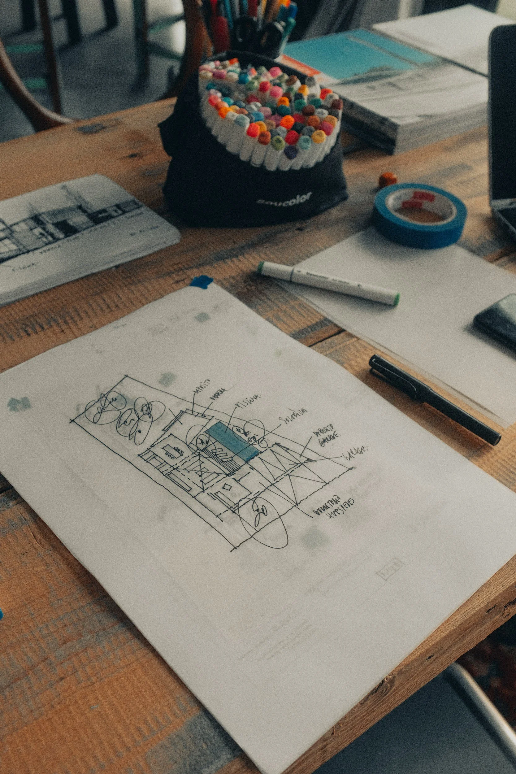 A workspace desk with a sketch of a house plan, a black marker, and a roll of blue painter's tape. Behind, there is a container of colored markers, some stacks of paper, and miscellaneous office supplies.