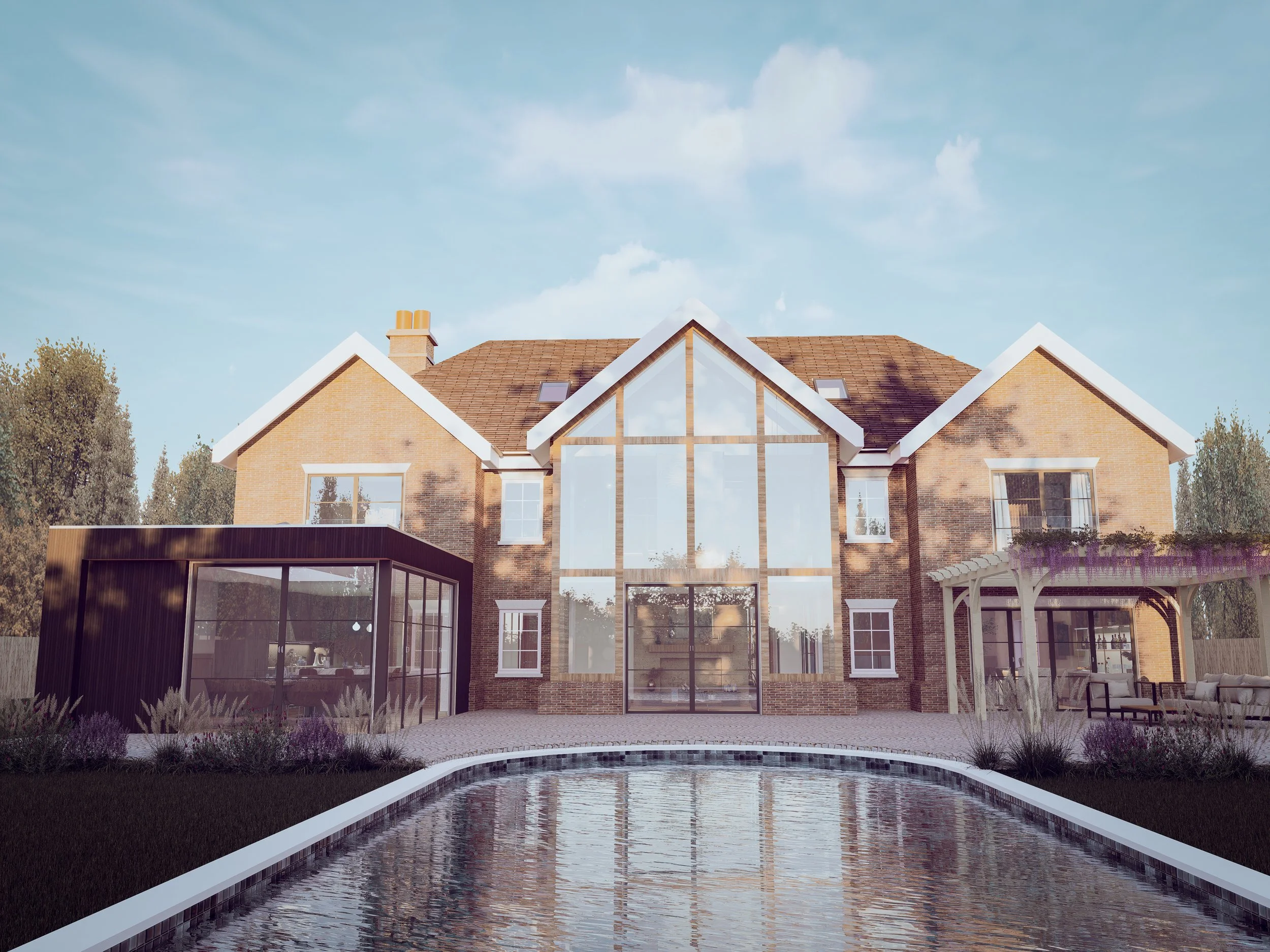 Modern two-story brick house with large glass front and back windows, surrounded by a backyard with a swimming pool, patio, garden, and outdoor seating under a pergola. Trees and a blue sky with clouds in the background.