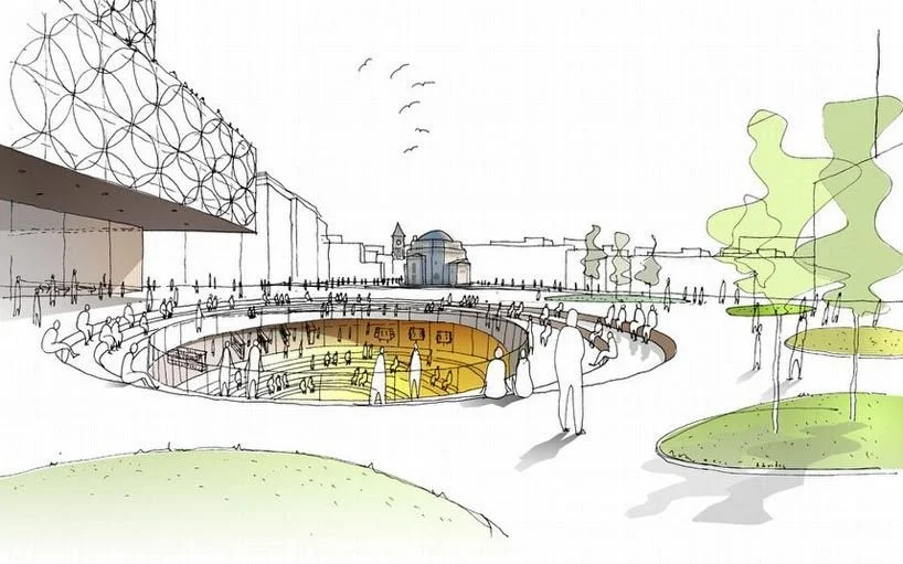 Sketch of an outdoor urban scene with a circular amphitheater or stage, surrounded by people and greenery, with buildings and a sky with flying birds in the background.