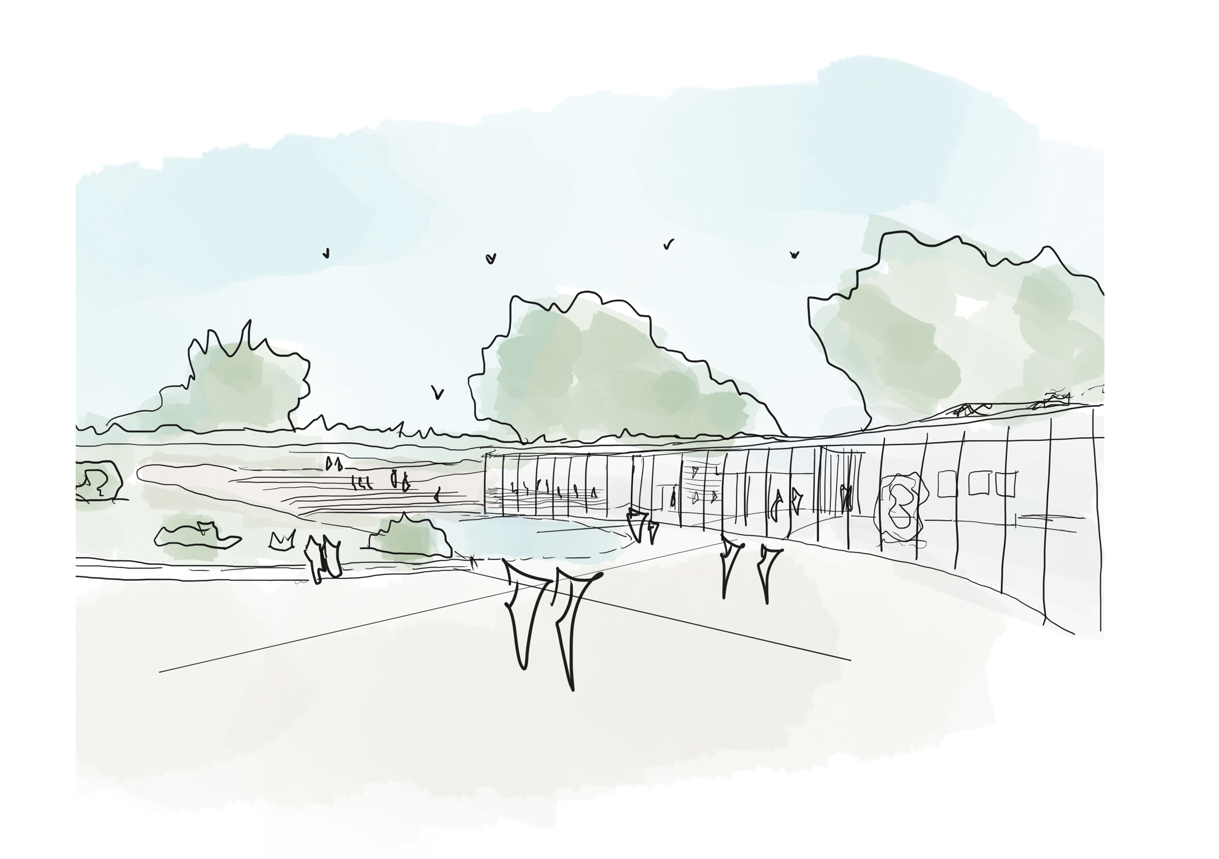 A watercolor illustration of a modern building with glass walls and trees in the background, under a cloudy sky with birds flying.