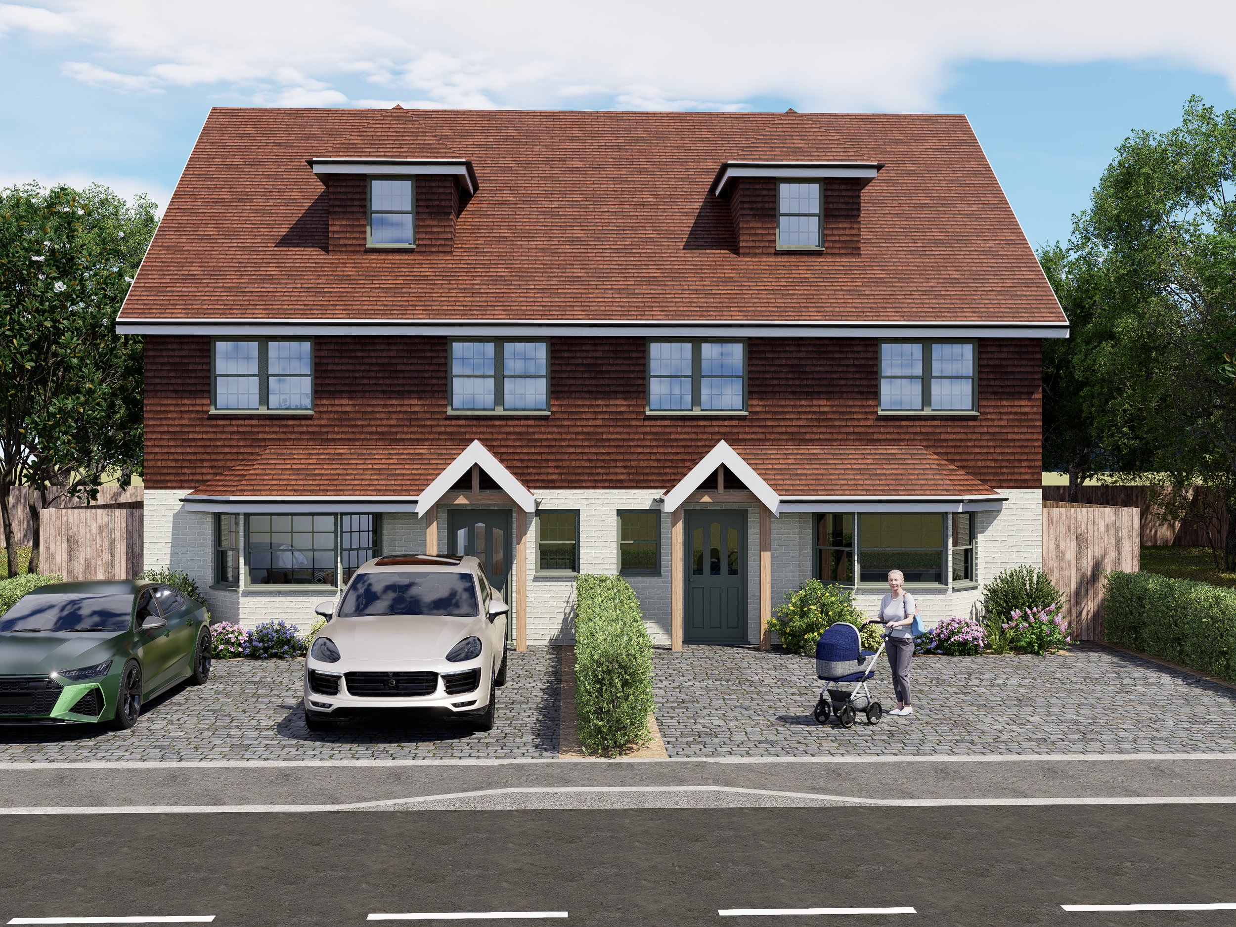 A modern two-story house with red shingle roof, white brick facade, and multiple windows, with a driveway featuring two parked cars, greenery, and a woman with a stroller in front.