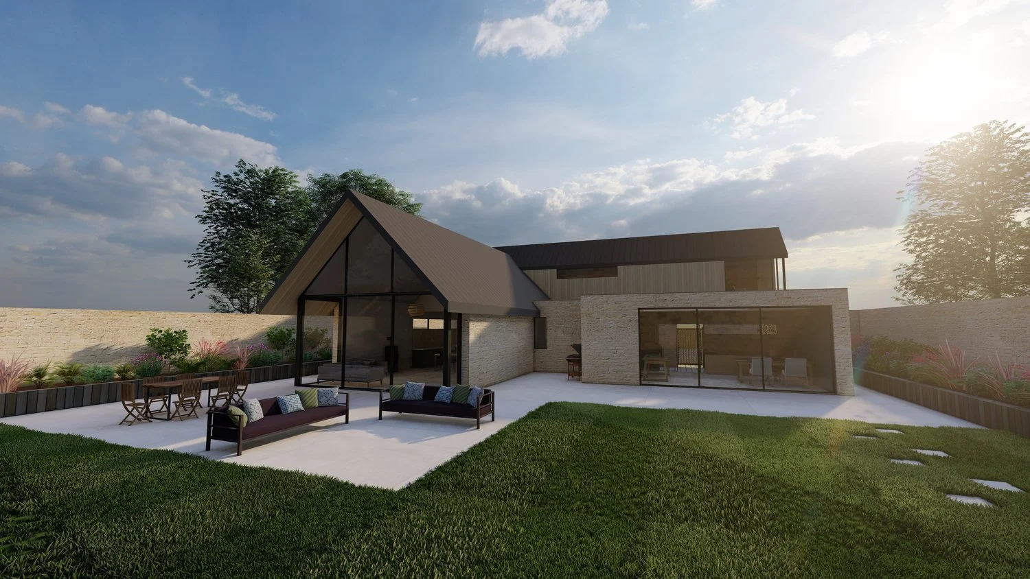 Modern house with a large glass front, outdoor seating area with chairs and benches, surrounded by a landscaped yard, under a partly cloudy sky in the late afternoon.