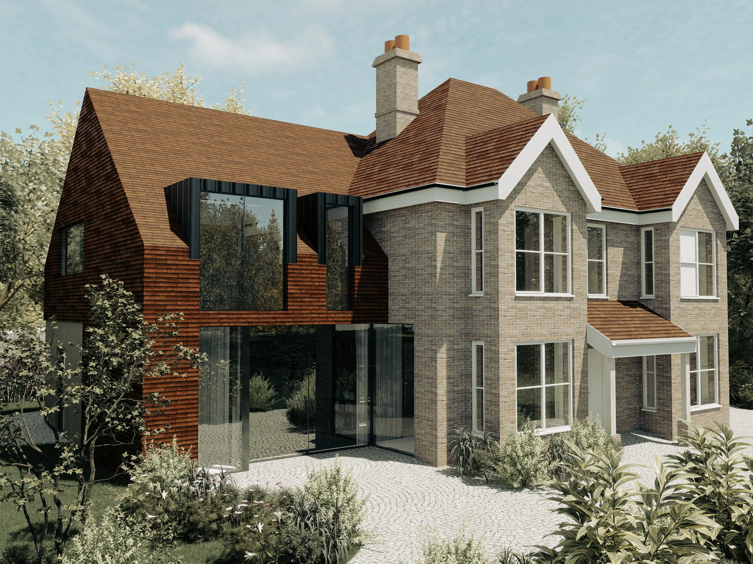 Modern house with brick and glass exterior, multiple large windows, and a sloped red tile roof, surrounded by garden and trees.