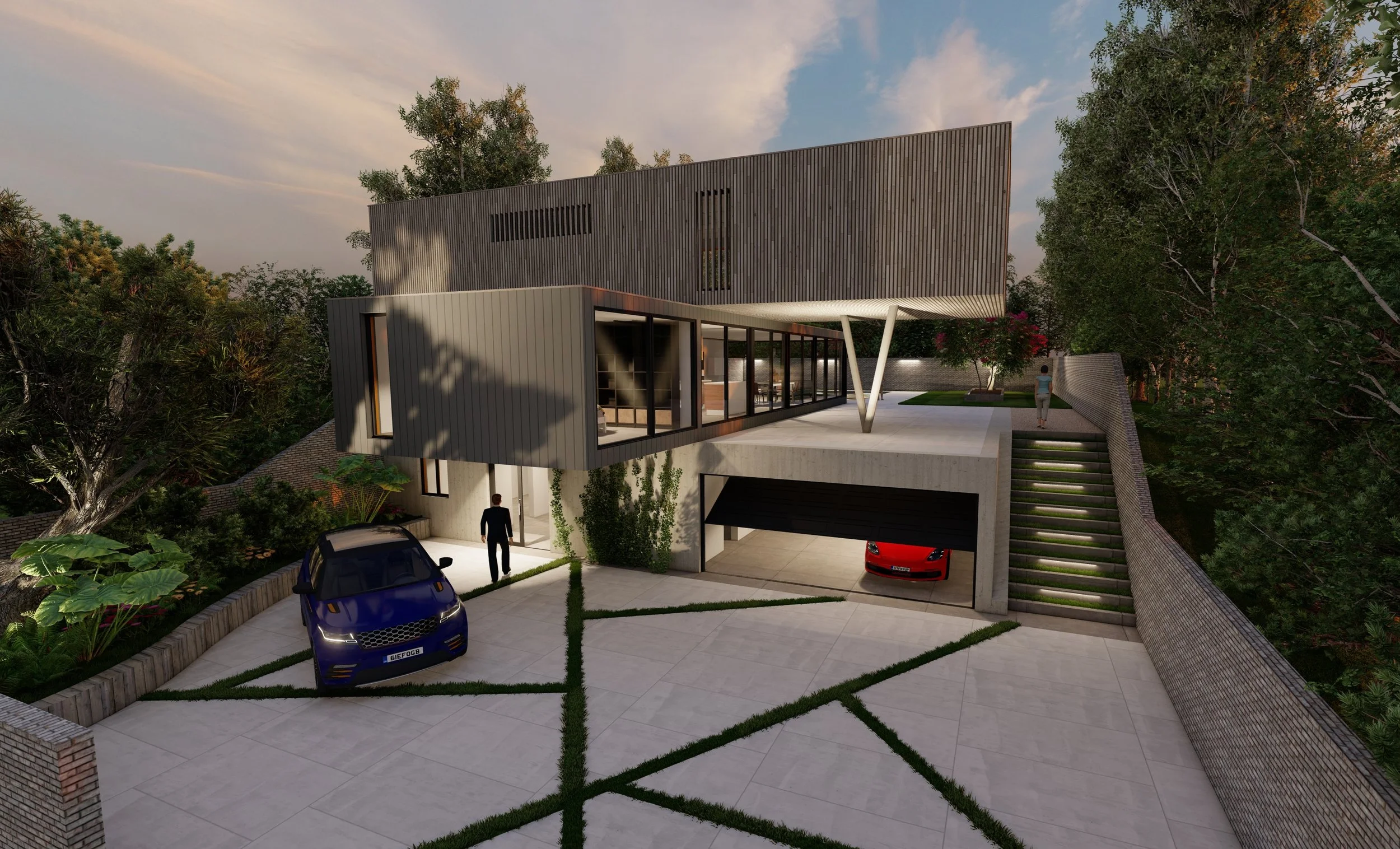 Modern multi-story house with unique architectural design, large glass windows, a garage with a red sports car, and a landscaped driveway with grass inlays. There are people walking and standing outside, surrounded by trees and lush greenery.