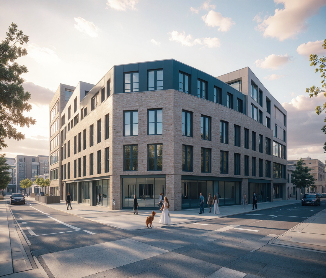 Modern multi-story building with brick and dark metal exterior, large windows, and people walking on the sidewalk, some with dogs, during daytime.