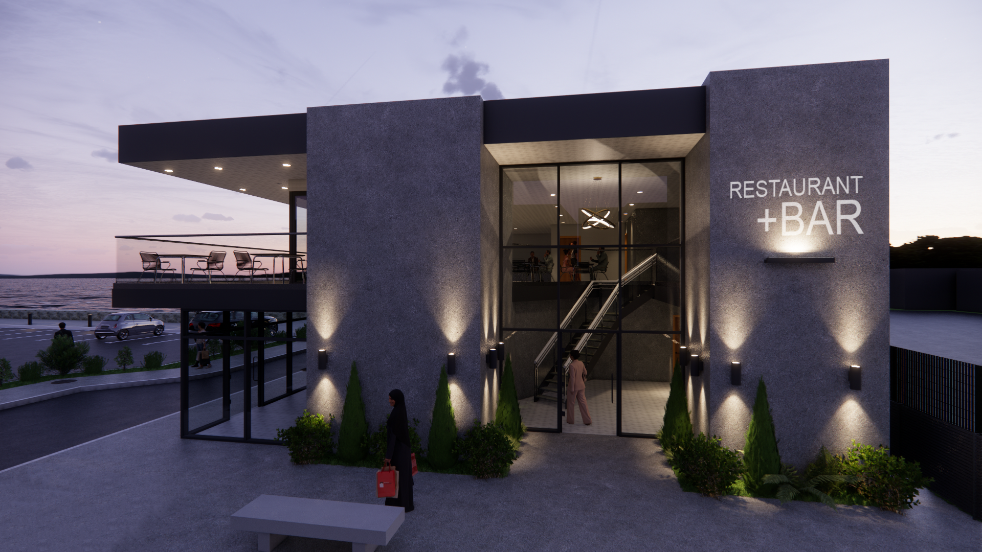 Modern two-story restaurant and bar building exterior at dusk with outdoor seating on balcony, illuminated entrance, and sign that reads 'RESTAURANT + BAR'