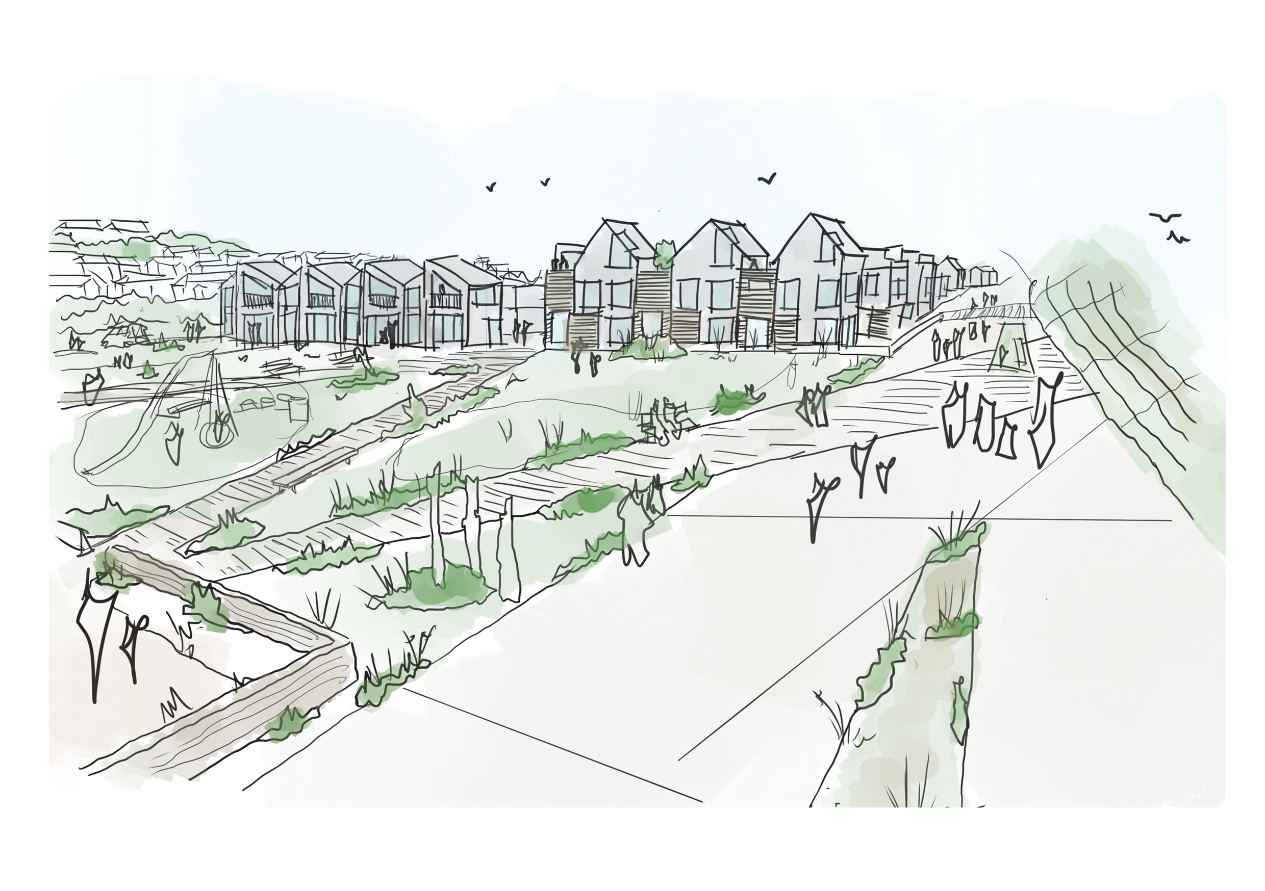 A sketch of a residential community with modern houses on a hillside, pathways, and greenery.