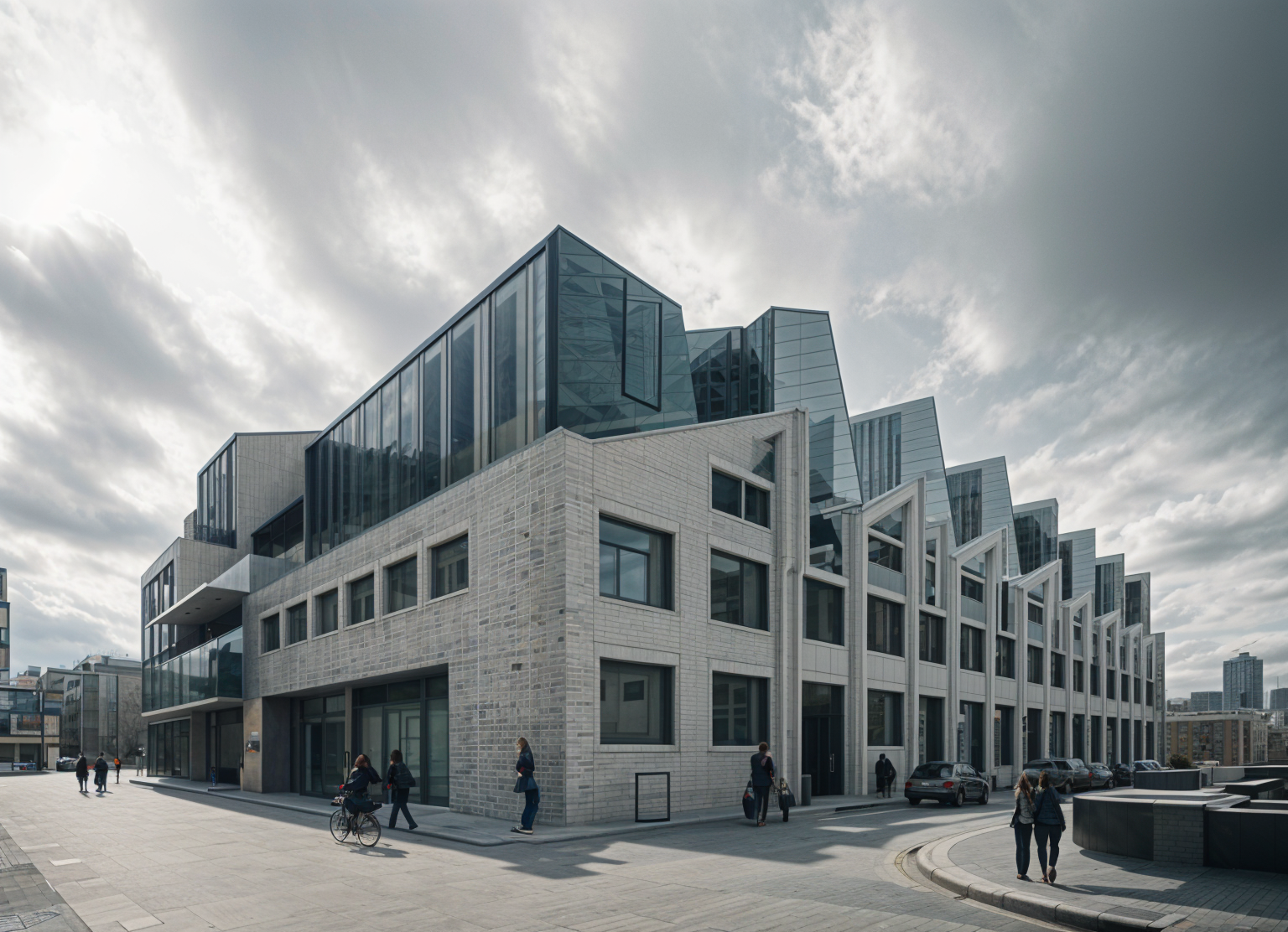 Modern multi-story building with large glass windows and a stone facade, people walking and biking outside on a cloudy day.