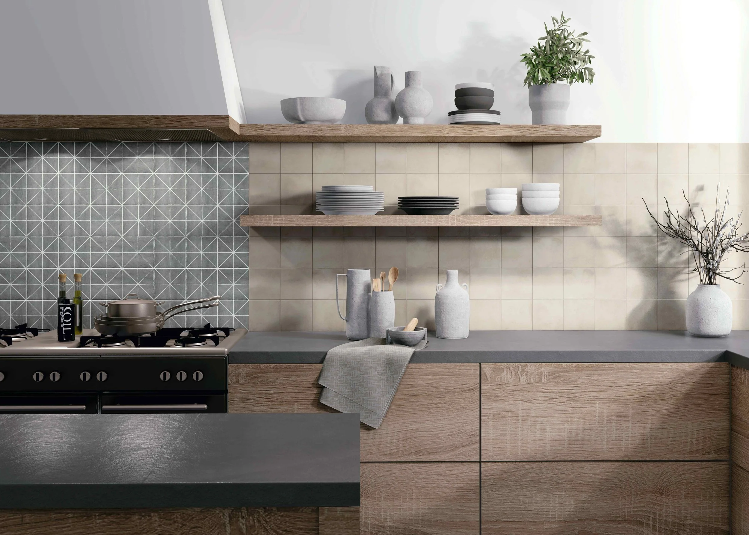Modern kitchen with light wood cabinets, dark gray countertop, and open wooden shelves. Contains dishes, vases, a plant, and utensils, with a gray patterned backsplash and a corner window.
