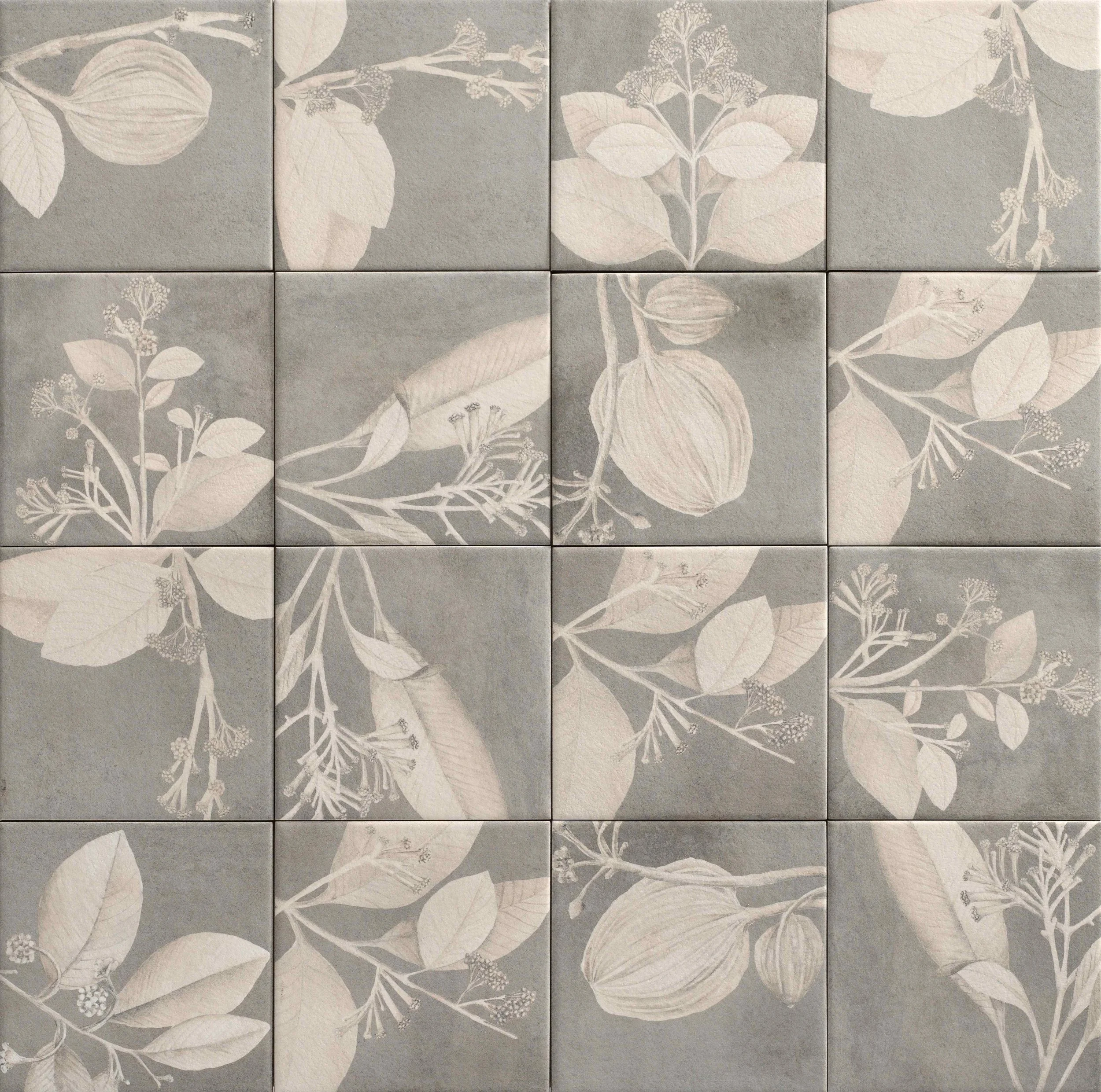 A pattern of botanical illustrations with leaves and flowers in shades of beige and light gray, arranged on tiles.