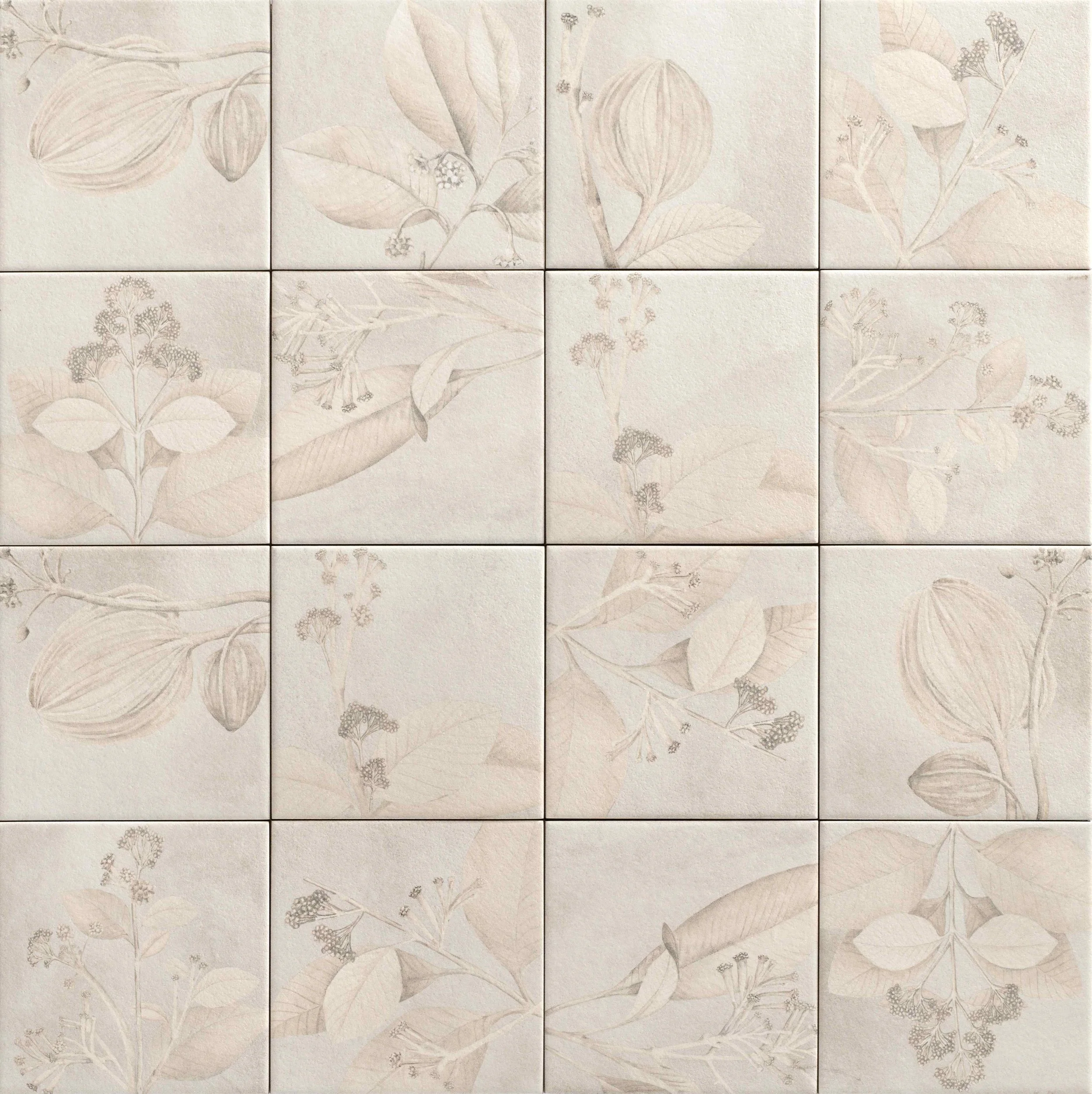 A tiled surface featuring a repeating pattern of light beige floral illustrations, including leaves and flower buds, on a textured background.