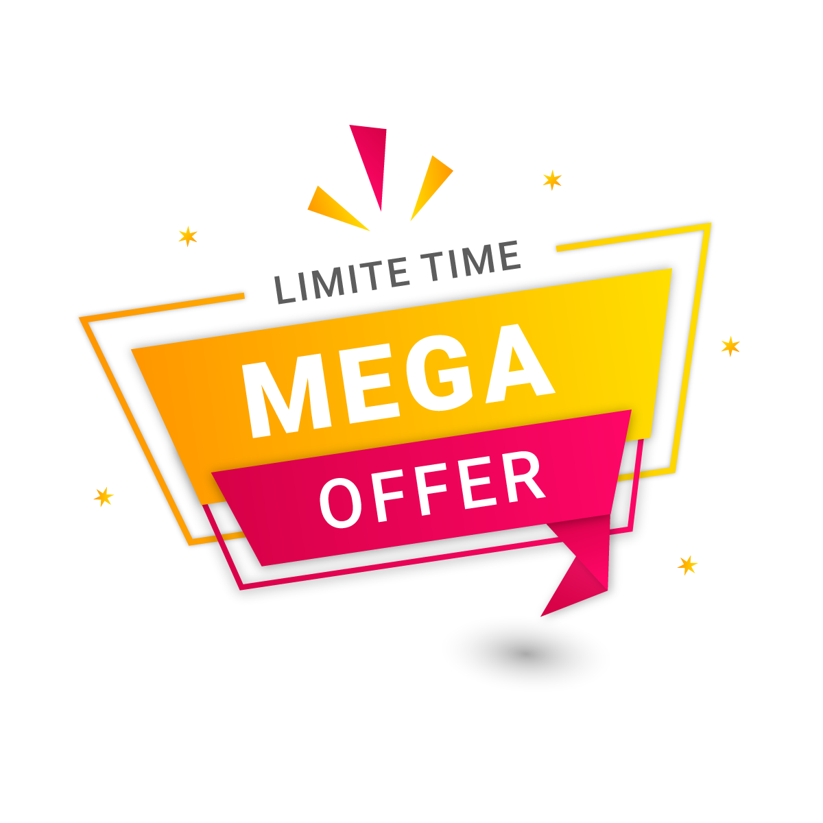 Bright promotional graphic with bold text saying 'Mega Offer' in yellow and pink, featuring dynamic shapes and colored highlights.