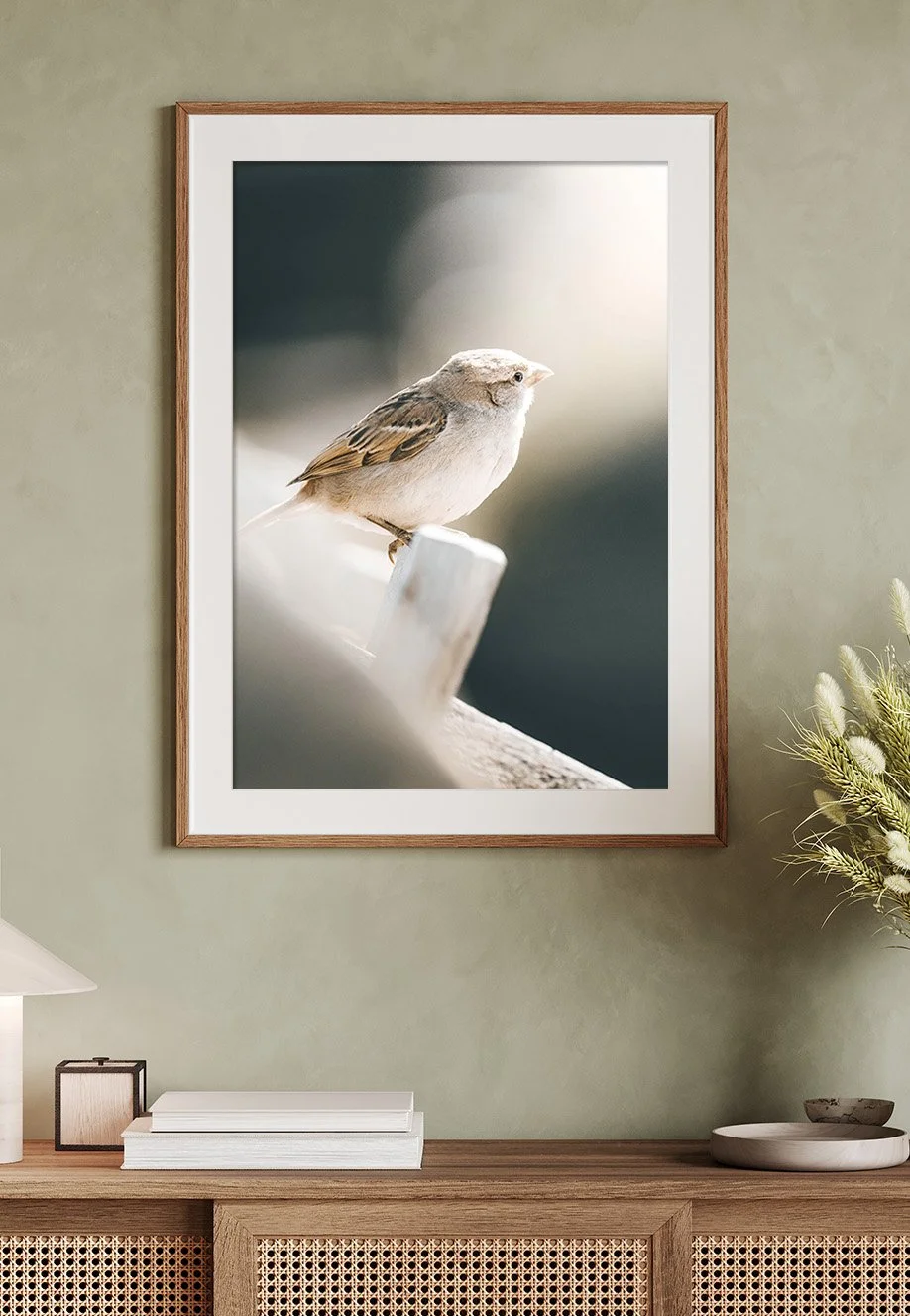 Ein Bilderrahmen mit einem Foto eines kleinen braunen Vogels auf einem Baumstamm, Wohnzimmer-Deko an der Wand