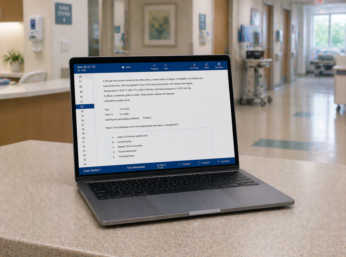Laptop displaying a practice shelf exam question used by medical students during clinical rotations
